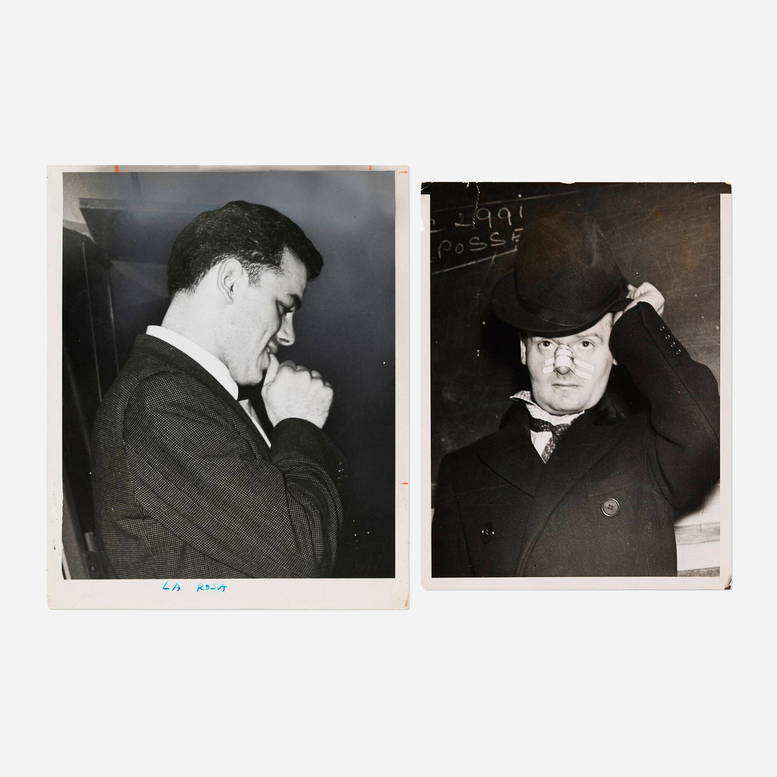 Weegee, Untitled (Man with Bandaged Nose and Hat); La Rosa (two works): Weegee Untitled (Man with Bandaged Nose and Hat); La Rosa (two works) c. 1940 vintage gelatin silver print 10.25 h x 8.25 w in (26 x 21 cm) 9.125 h x 7 w in (23 x 18 cm) Artist's stamp to verso