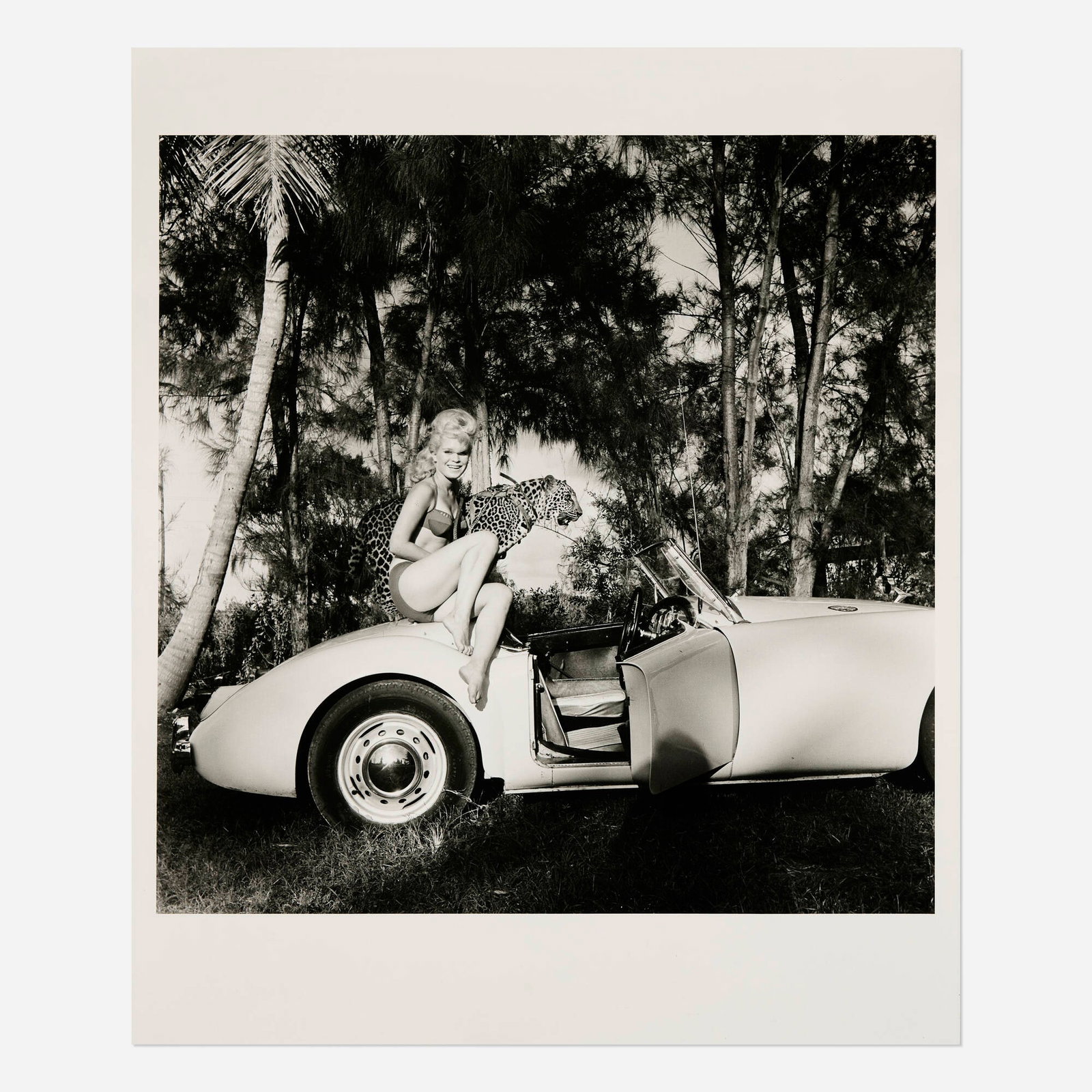 Bunny Yeager, Elaina Lekas with Her Pet Leopard Nero Seated on MG (1 of 2)