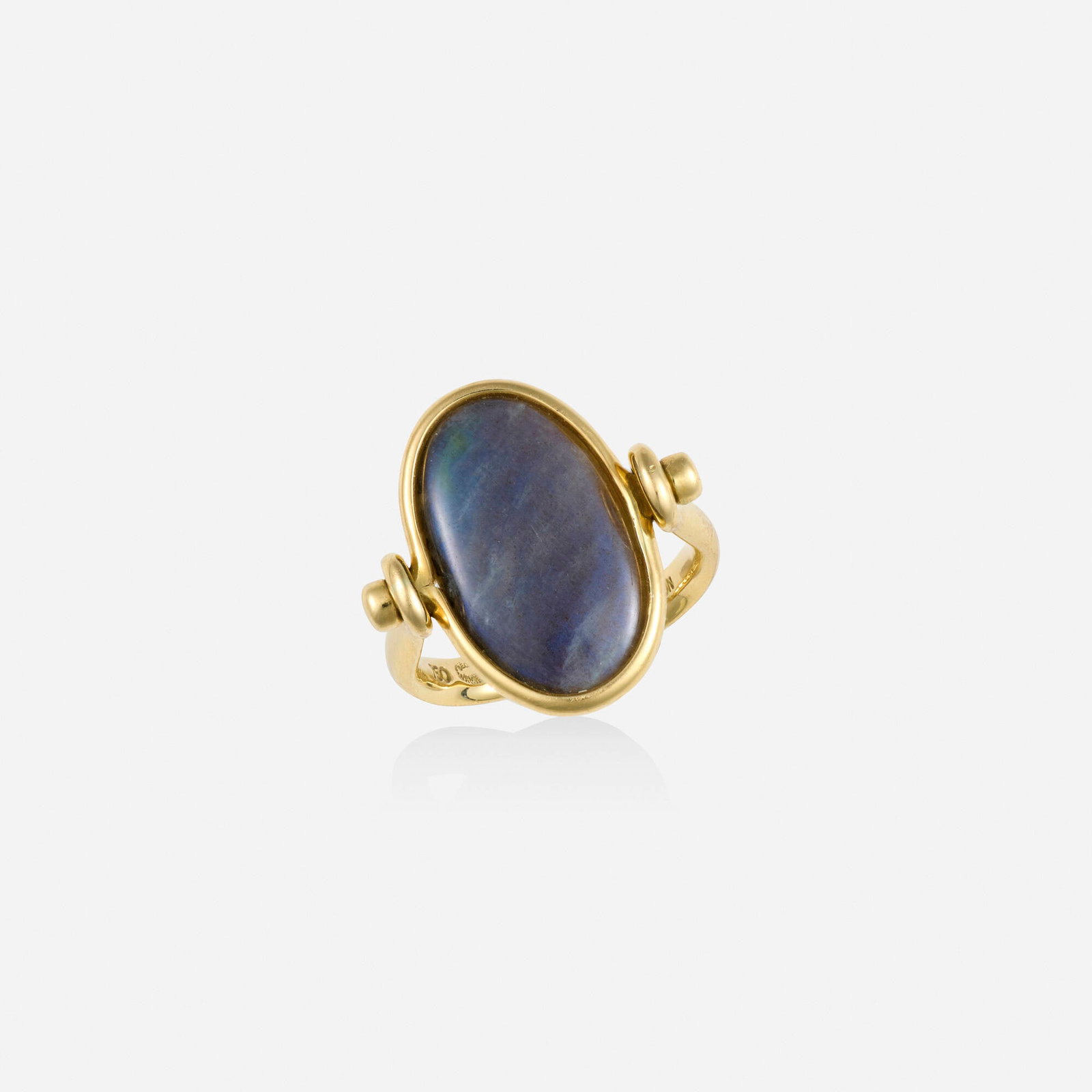 Vivianna Torun Bulow-Hube for Georg Jensen, Mother-of-pearl, labradorite, and gold ring: Vivianna Torun Bulow-Hube for Georg Jensen Mother-of-pearl, labradorite, and gold ring The flippable ring, one side set with cabochon mother-of-pearl, the other with labradorite, no. 1419 B; after 194