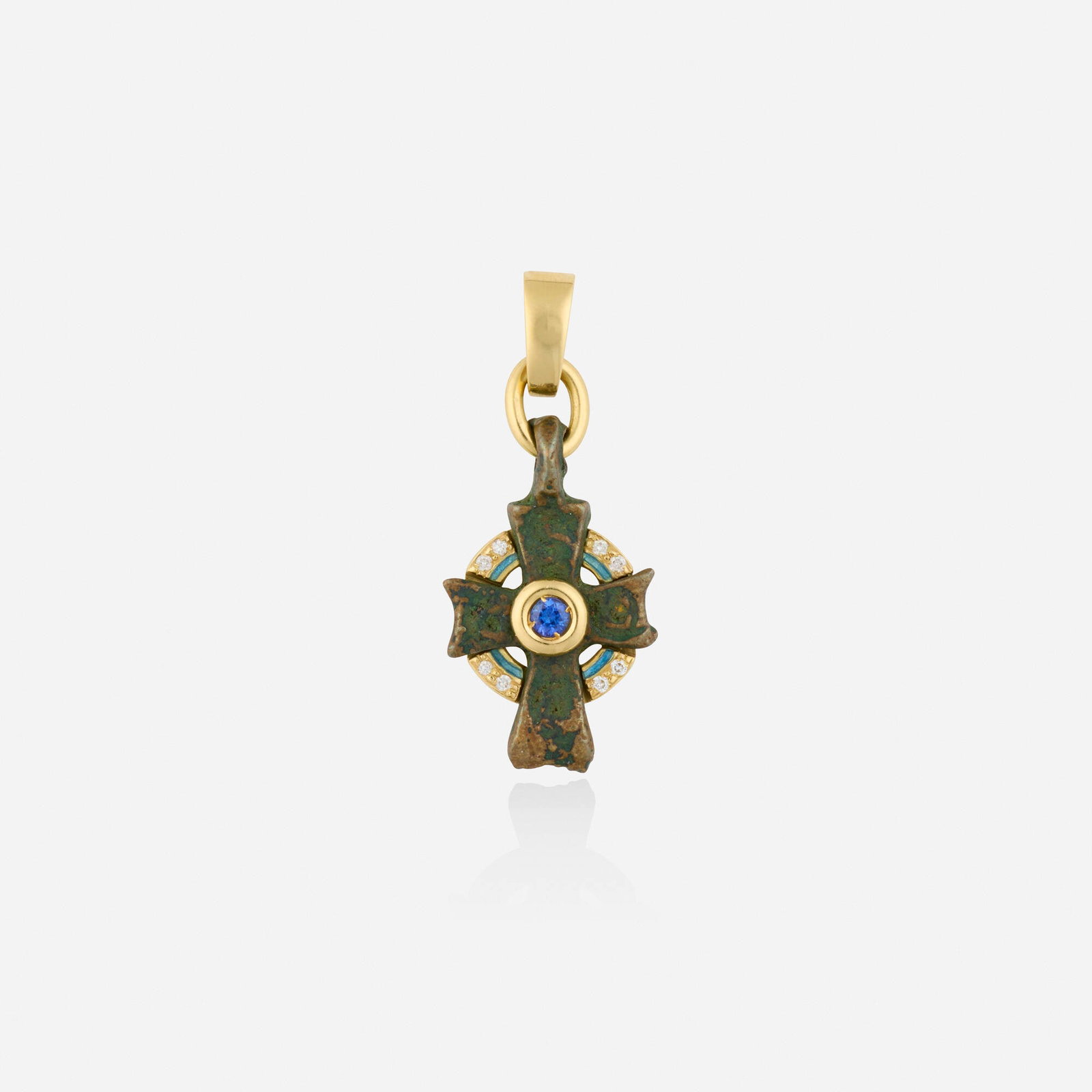 Nouveau 1910, Byzantine cross pendant: Nouveau 1910 Byzantine cross pendant Designed with a bronze Byzantine cross set with a circular-cut sapphire, framed by blue enamel and round brilliant-cut diamonds Bronze, 18k yellow gold Signed with