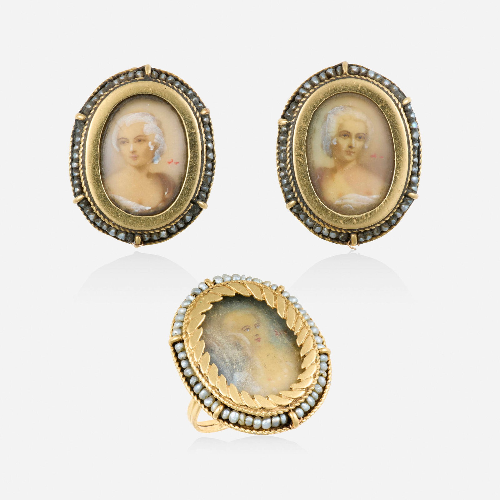 Gold, seed pearl, and portrait earrings and ring: Gold, seed pearl, and portrait earrings and ring Each a hand-painted miniature portrait of a lady, surrounded by seed pearls 14k yellow gold Earrings 1 x 0.75 in, ring size 5.50; Gross weight 10.8 dwt