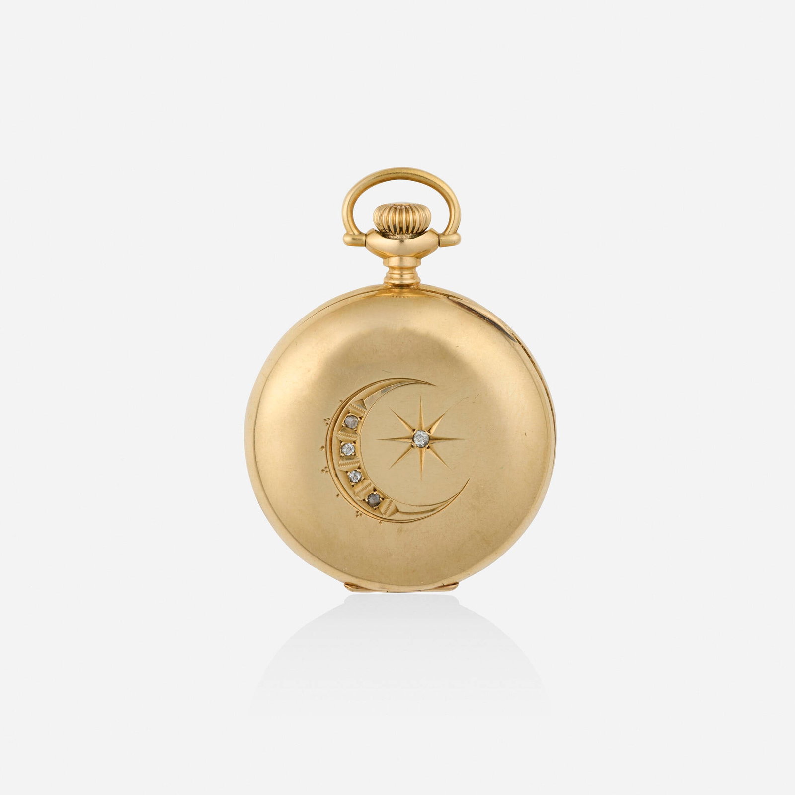 Waltham, Diamond and gold pocket watch: Waltham Diamond and gold pocket watch With Arabic hours and seconds sub-dial, the case by Brooklyn Watch Case Co. engraved with a crescent moon and star, set with old mine and rose-cut diamonds Dial: