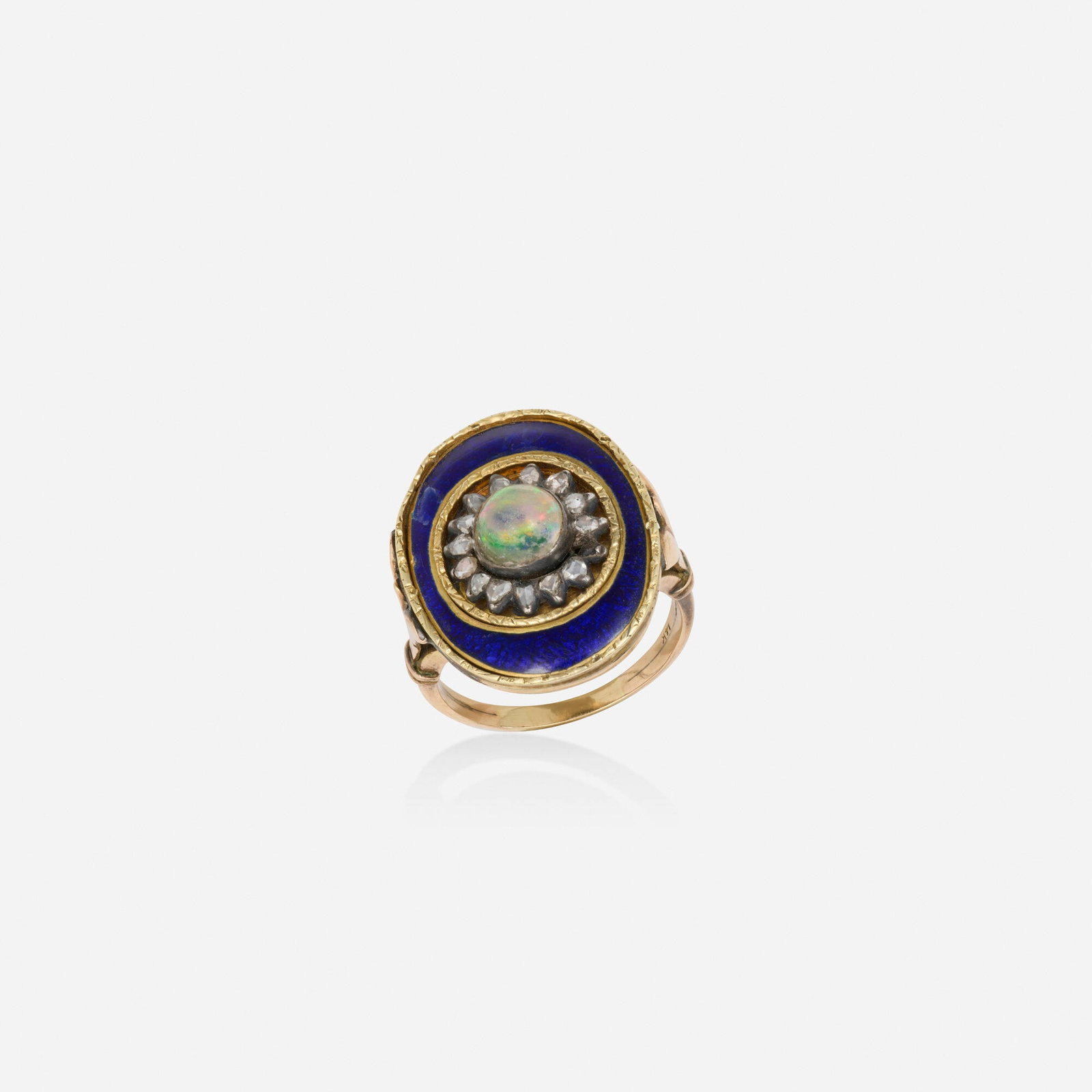 Opal, diamond, and enamel ring: Opal, diamond, and enamel ring Designed with a cabochon opal and rose-cut diamond sun, framed by blue enamel 14k pink and yellow gold, silver Ring size 8.25; Gross weight 5.9 dwts This work will ship 