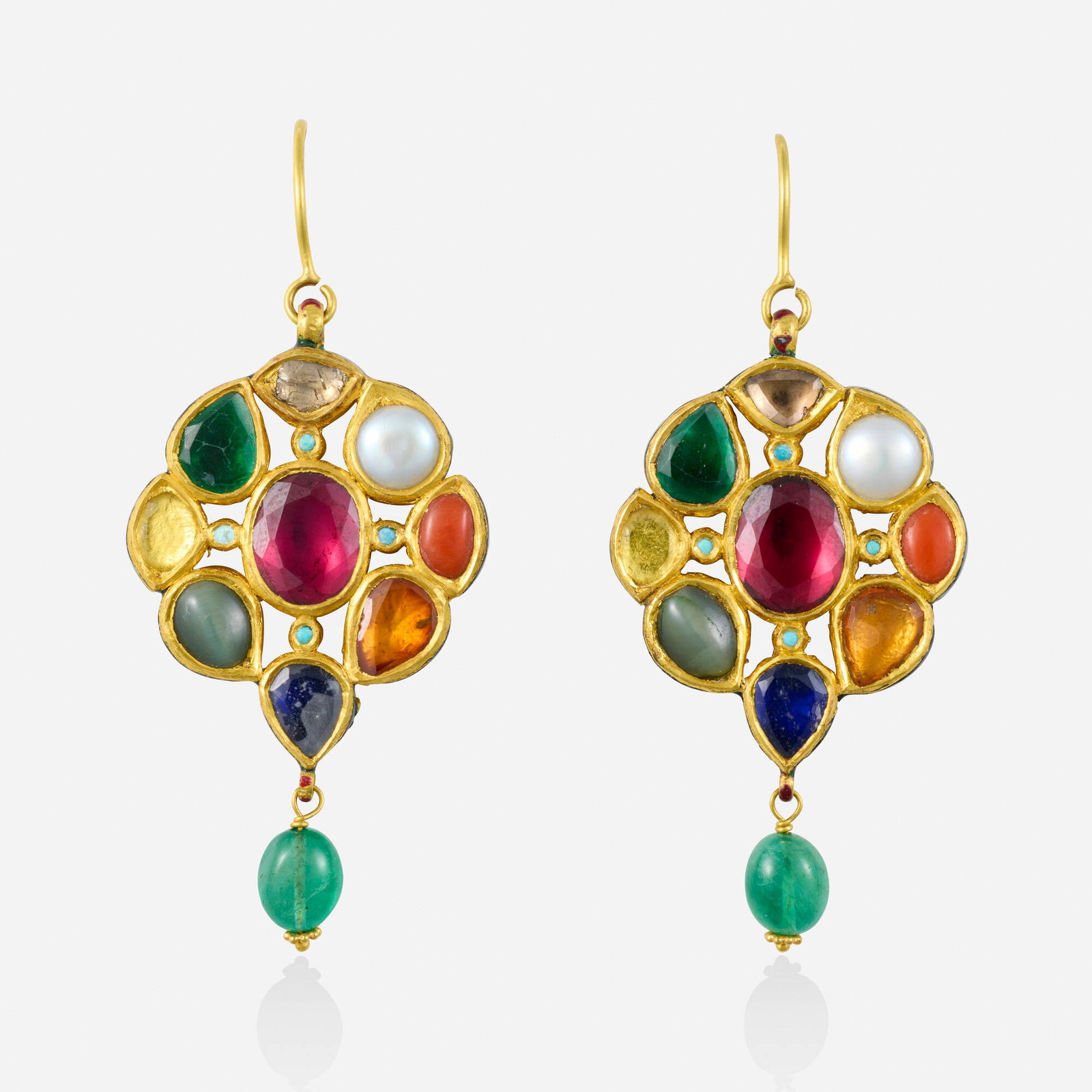 Indian, Multi-gem and gold earrings: Indian Multi-gem and gold earrings Each set with a polki diamond, light grey cultured pearl, cabochon coral, faceted rhodolite garnet, grossular garnet, cat's eye quartz, and glass, decorated wit