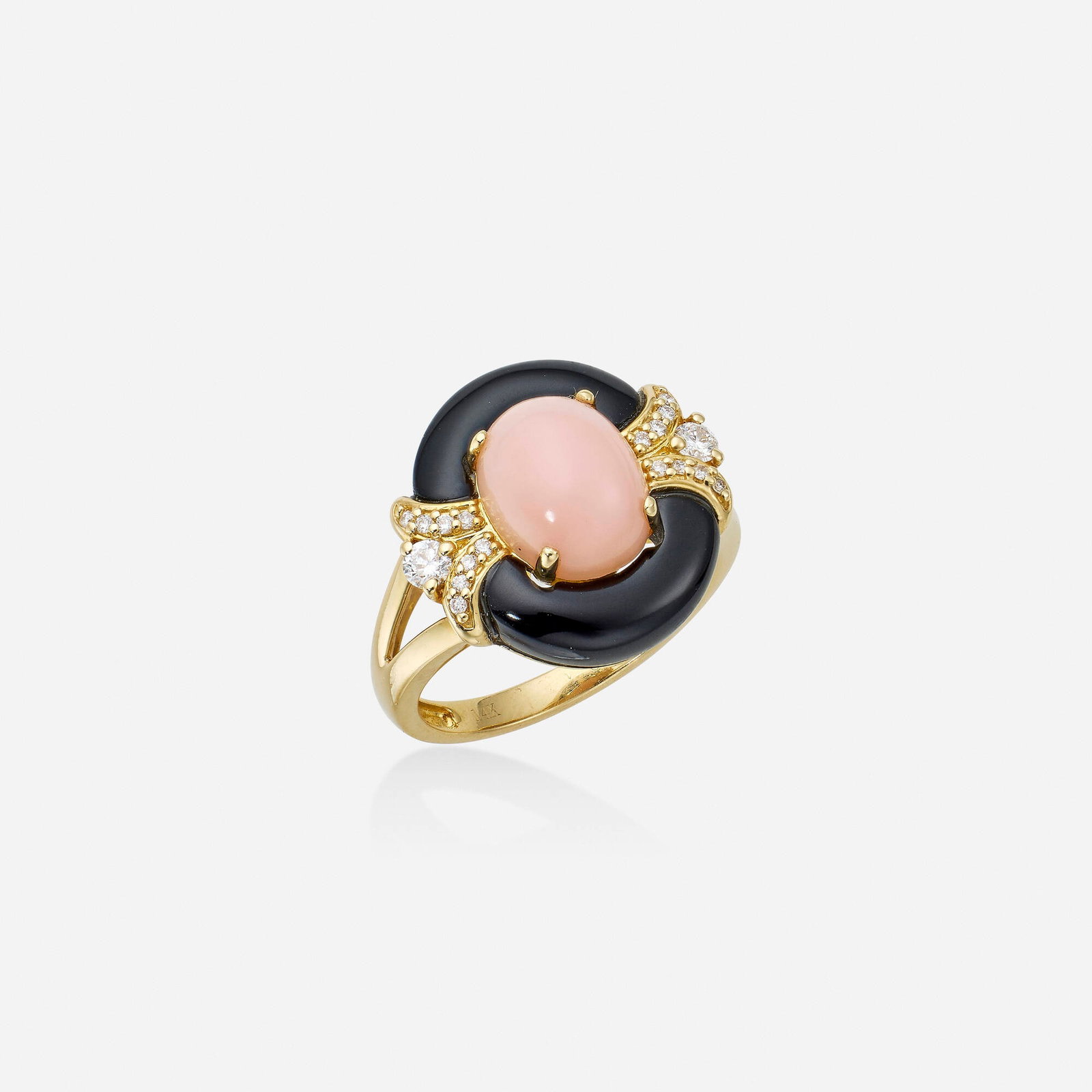 Multi-gem, diamond, and gold ring: Multi-gem, diamond, and gold ring Set with a cabochon pink opal, framed by black onyx and round brilliant-cut diamonds 14k yellow gold Ring size 7; Gross weight 3.5 dwts This work will ship from Lambe