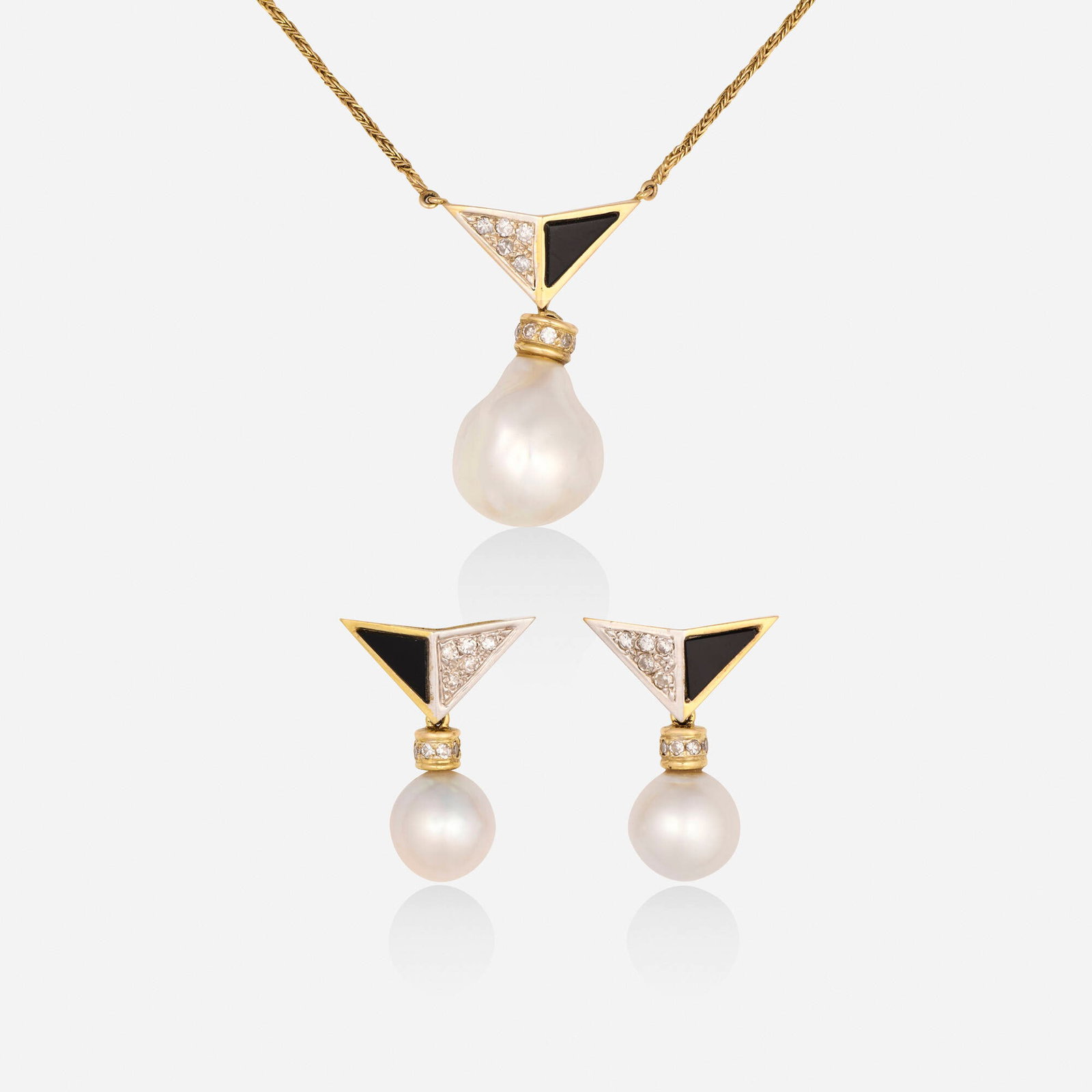 Cultured pearl, black onyx, and diamond necklace and earrings: Cultured pearl, black onyx, and diamond necklace and earrings Each set with a triangular plaque of black onyx, single-cut diamonds, and a cultured baroque pearl Yellow and white gold Necklace 16.50, 1