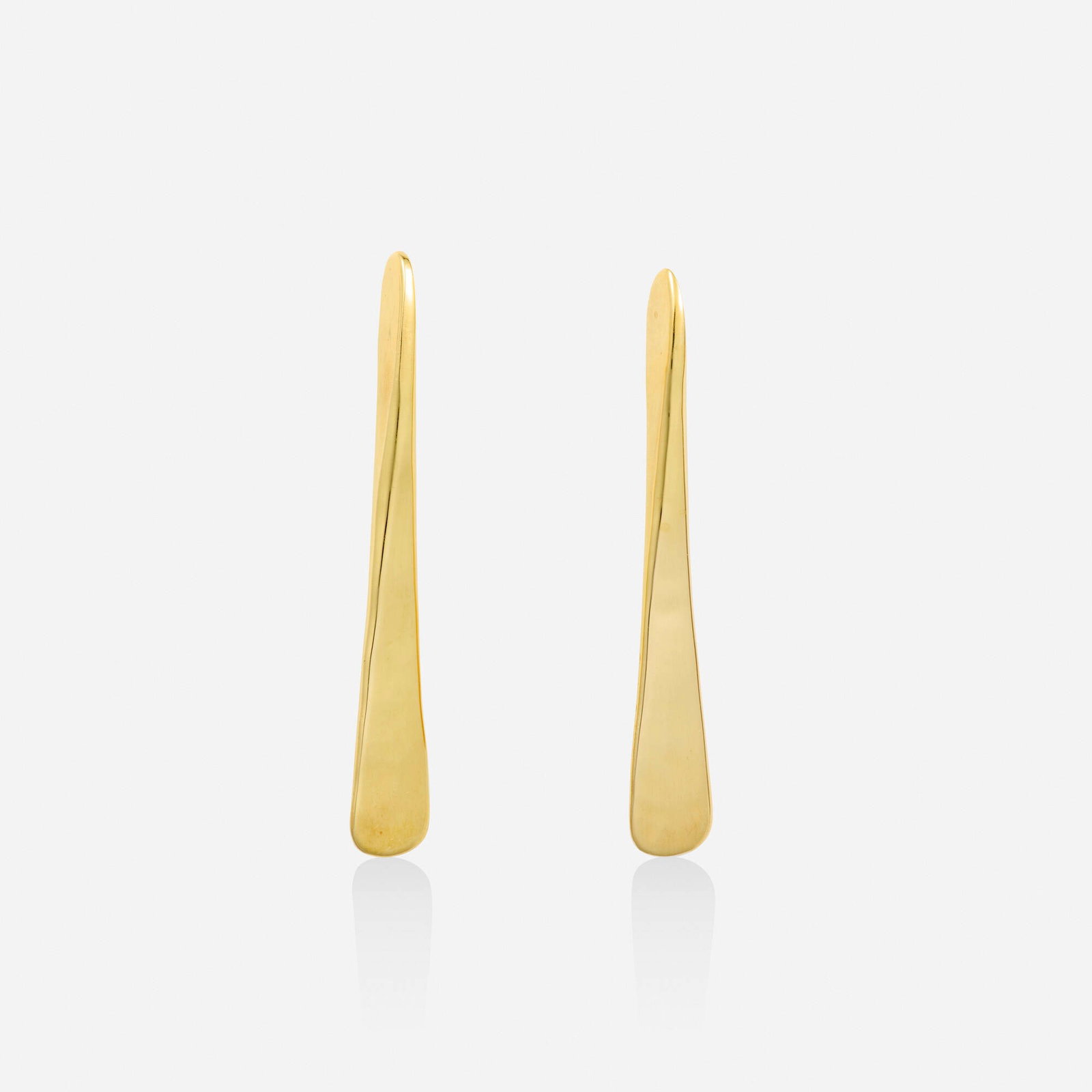 Robert Lee Morris, Gold earrings: Robert Lee Morris Gold earrings Each an elongated drop 18k and 14k yellow gold Signed RLM 1.75 x 0.25 in; Gross weight 5.4 dwts This work will ship from Lambertville, New Jerse