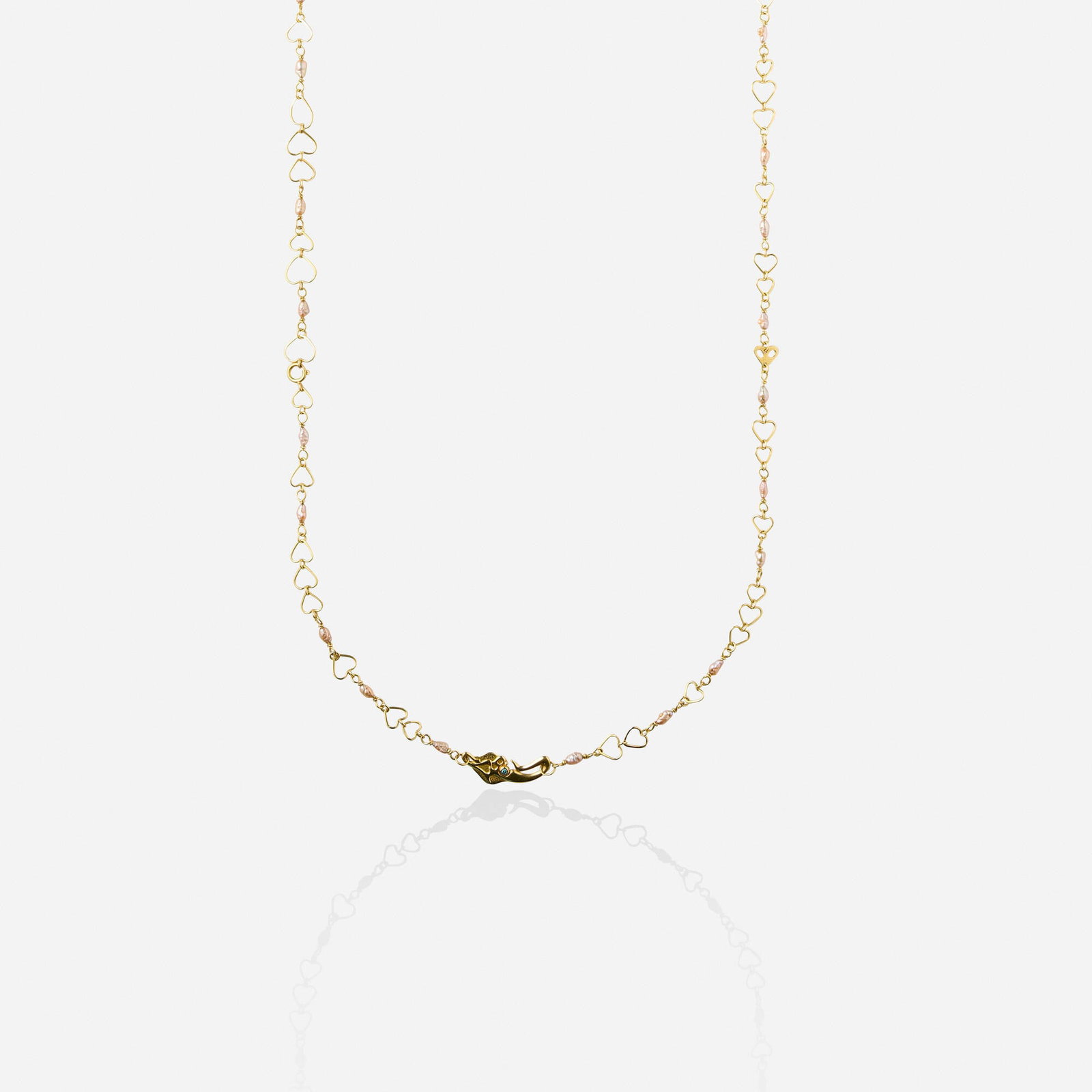 Multi-gem and gold necklace: Multi-gem and gold necklace Designed with heart-shaped links spaced by pink freshwater cultured pearls, and two abstract gold pendants set with either a cabochon opal or a blue round brilliant-cut dia