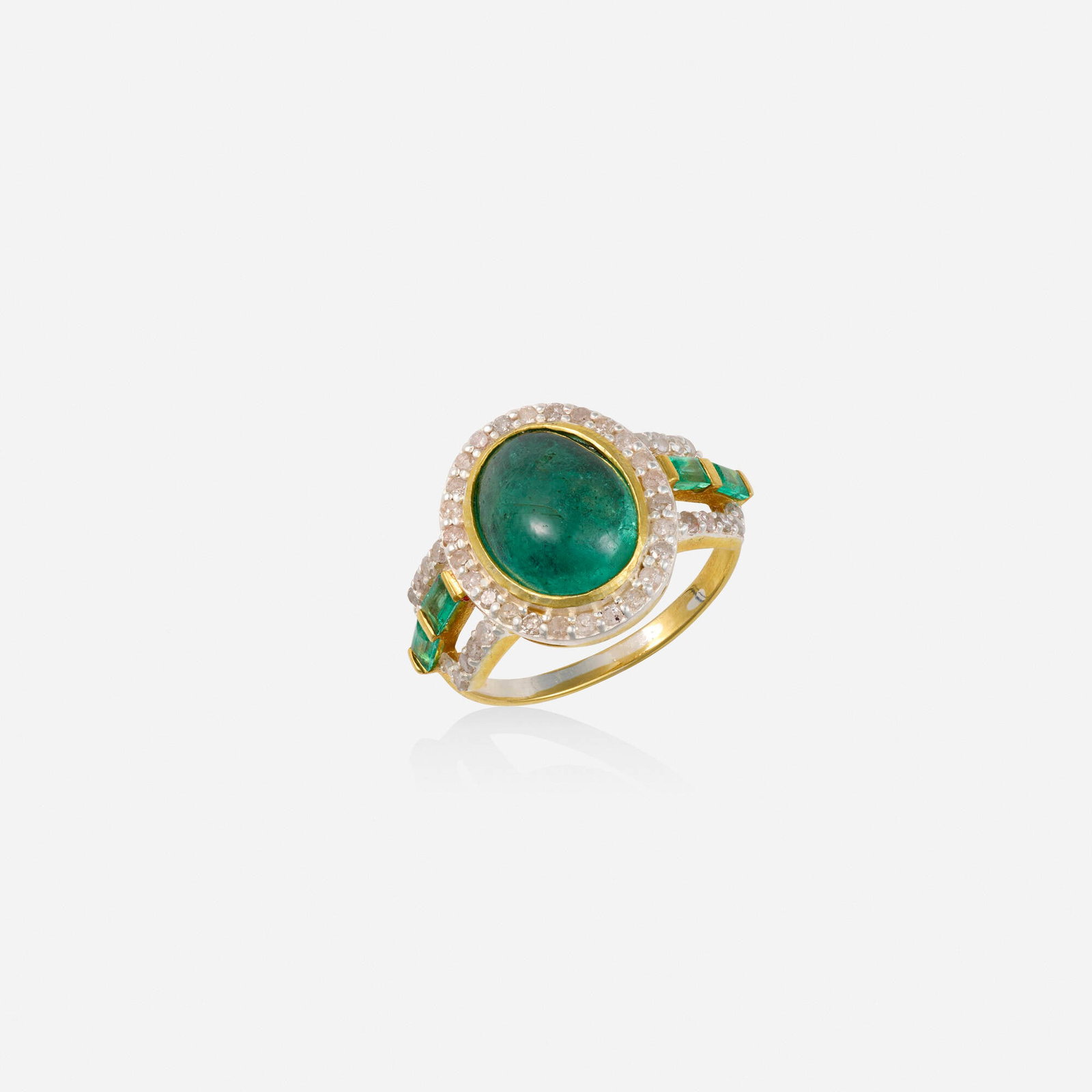 Emerald, diamond, and silver gilt ring: Emerald, diamond, and silver gilt ring Set with a cabochon emerald, round brilliant-cut diamonds, and rectangular-cut emeralds Sterling silver gilt, 14k yellow gold Ring size 6.75-7; Gross weight 2.3 