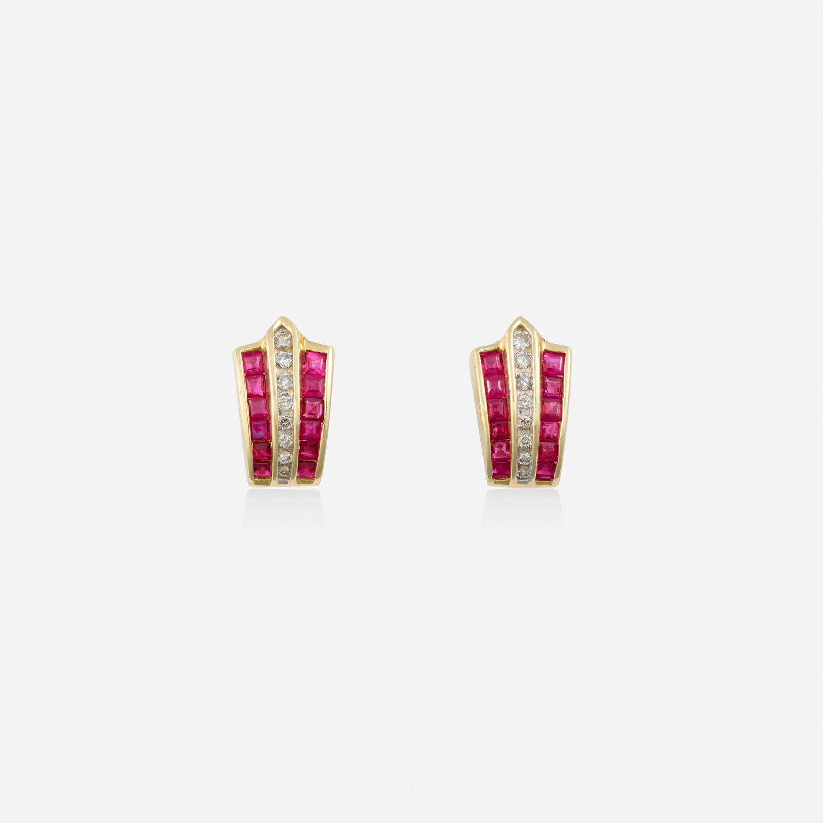 Ruby, diamond, and gold earrings: Ruby, diamond, and gold earrings Each set with square-cut rubies and round brilliant-cut diamonds 14k yellow gold 0.625 x 0.50 in; Gross weight 4.3 dwts This work will ship from Lambertville, New Jers