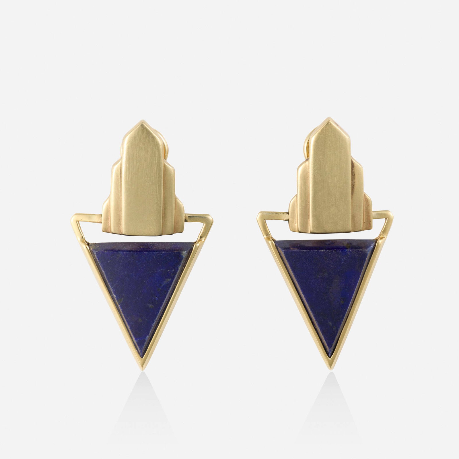 Lapis lazuli and gold earrings: Lapis lazuli and gold earrings Each of geometric design, set with triangular-cut lapis lazuli 14k yellow gold 1.75 x 1 in; Gross weight 11.2 dwts This work will ship from Lambertville, New Jersey.