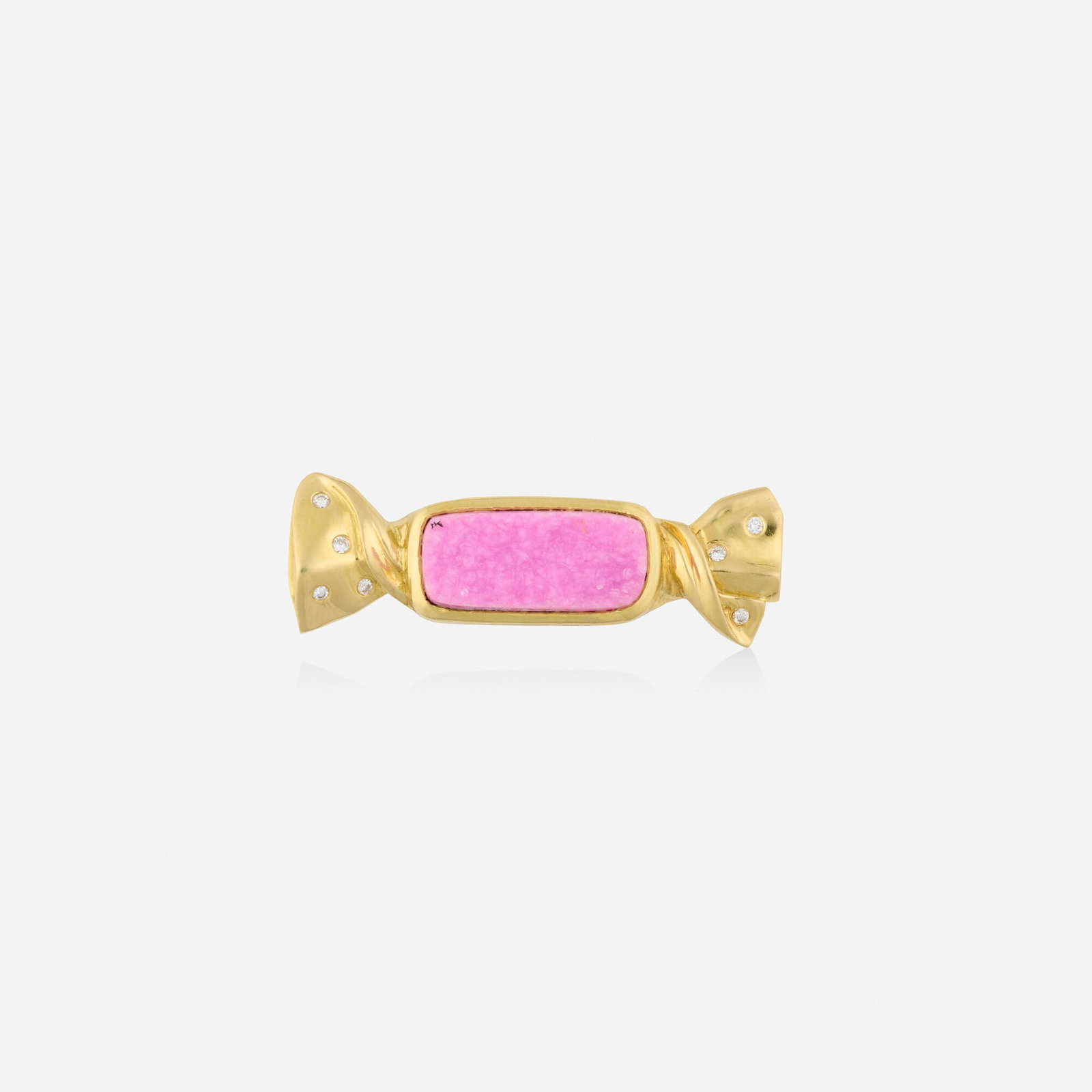 Dyed pink druzy quartz diamond, and gold brooch: Dyed pink druzy quartz diamond, and gold brooch Designed as a wrapped candy, set with with dyed pink druzy quartz and round brilliant-cut diamonds 18k yellow gold 1.50 x 0.50 in; Gross weight 6.4 dwts