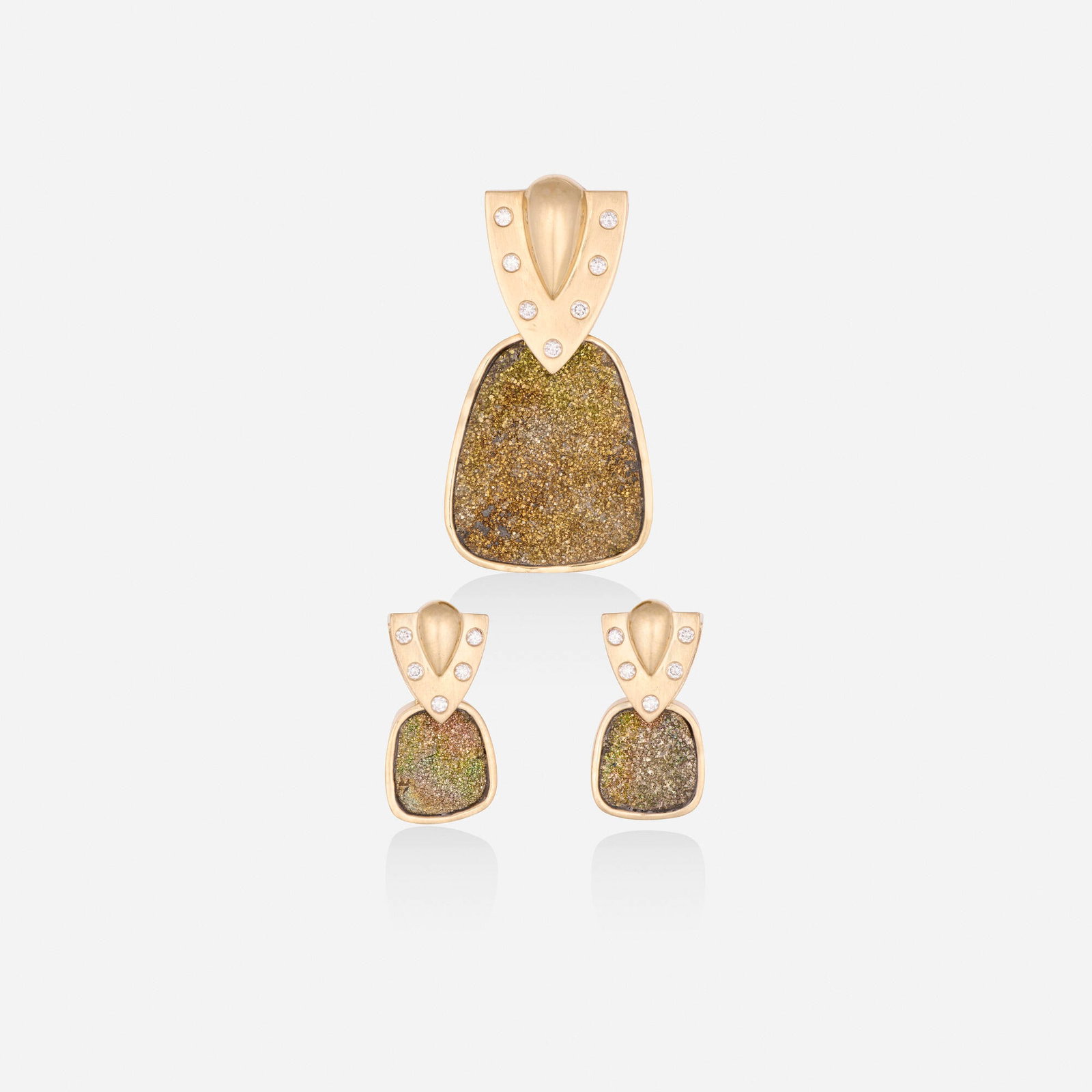 Druzy agate, diamond, and gold pendant and earrings: Druzy agate, diamond, and gold pendant and earrings Each set with a druzy agate and round brilliant-cut diamonds 14k yellow gold Pendant 1.50 x 0.875 in, earrings 0.875 x 0.50 in; Gross weight 22.0 dw