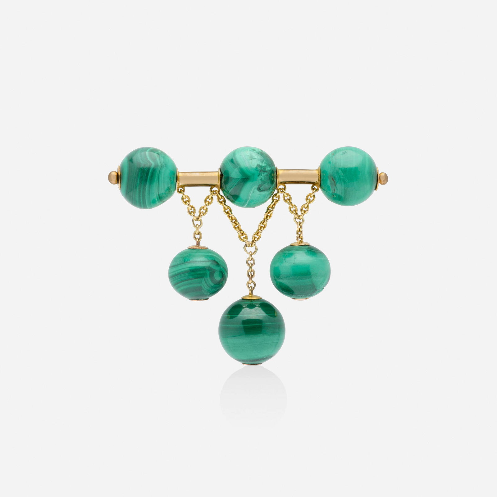 Hungarian, Malachite and gold brooch: Hungarian Malachite and gold brooch Designed with swags of malachite beads 14k yellow gold 1.875 x 2.50 in; Gross weight 23.0 dwts This work will ship from Lambertville, New Jersey.