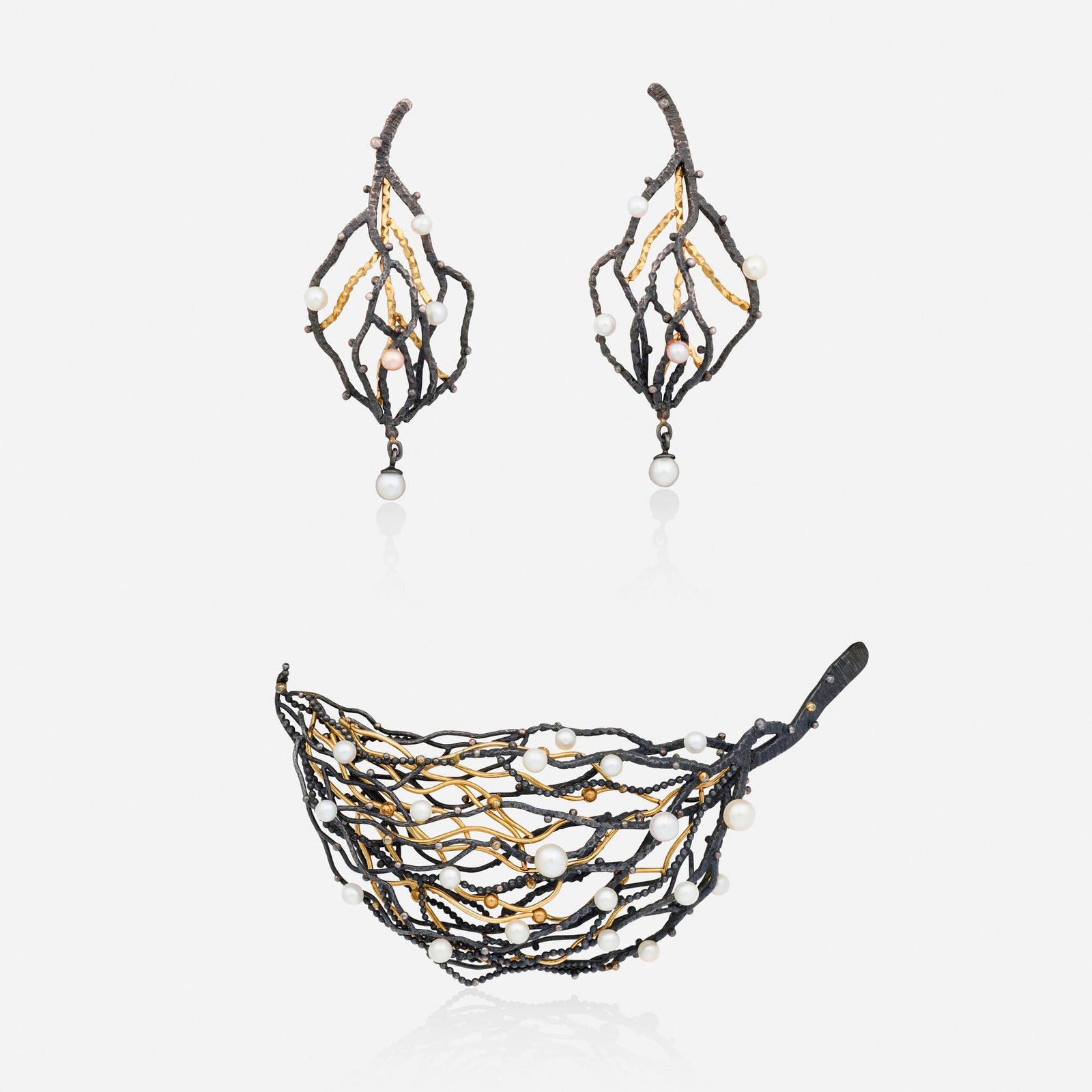 Bongsang Cho, Cultured pearl, blackened silver, and gold pendant brooch and earrings: Bongsang Cho Cultured pearl, blackened silver, and gold pendant brooch and earrings Each of undulating wire and bead work, enhanced by cultured pearls; part of the 'Winter Night' series Fine