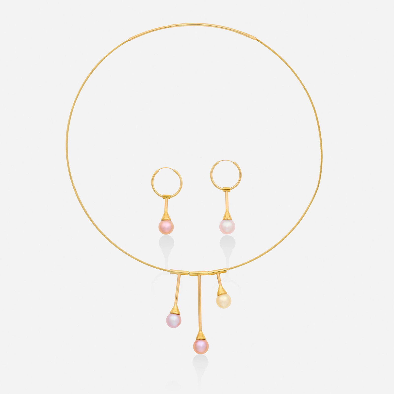 Jennifer Dawes, Cultured pearl and gold necklace and earrings: Jennifer Dawes Cultured pearl and gold necklace and earrings Comprising a wire collar necklace and pair of earrings each set with grey, pink, or yellow cultured pearl drops 14k yellow gold Necklace in