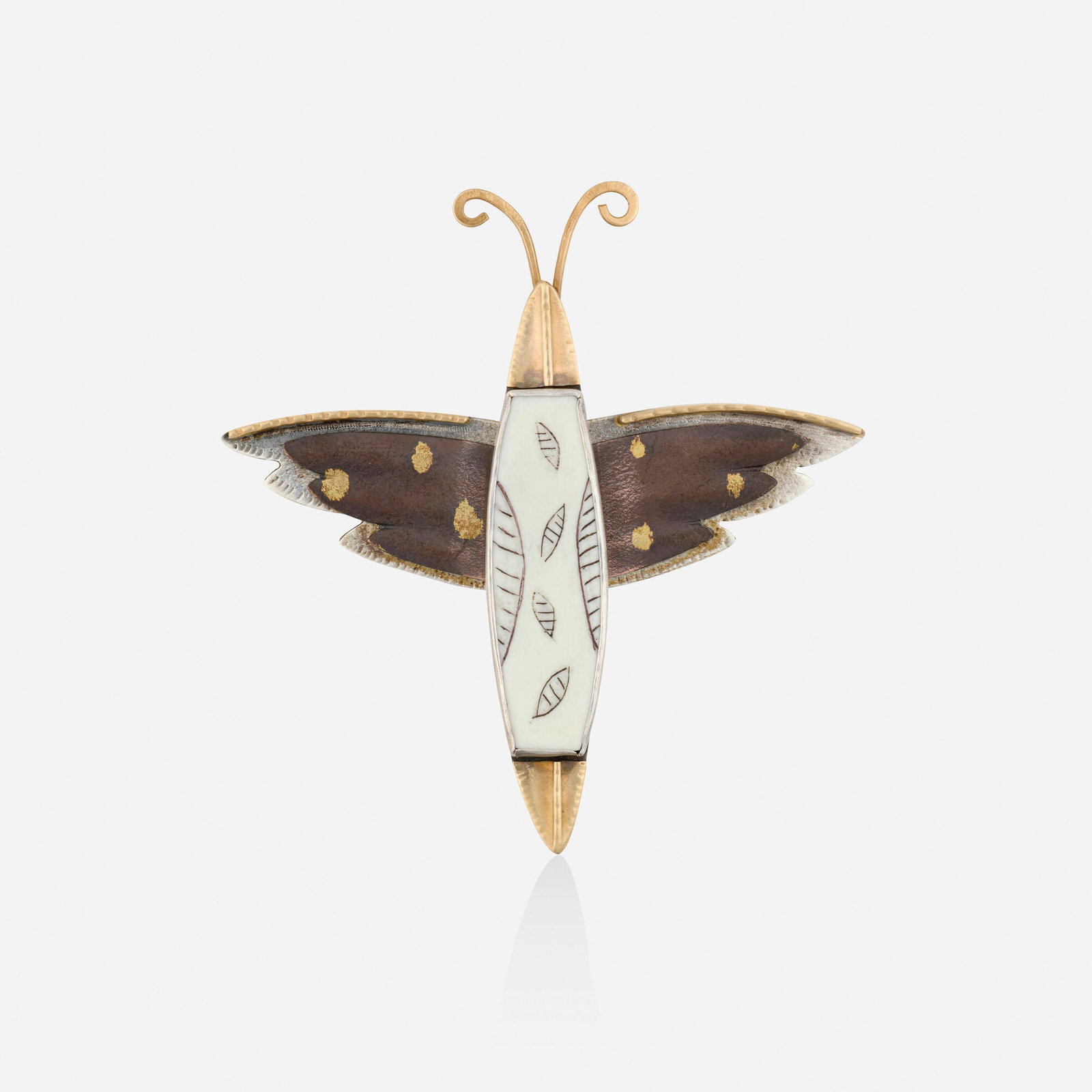 Bone, sterling silver, gold, and copper brooch: Bone, sterling silver, gold, and copper brooch The winged creature with carved bone body 18k and 14k yellow gold, sterling silver, copper 2.625 x 2.50 in; Gross weight 9.7 dwts This work will ship fro