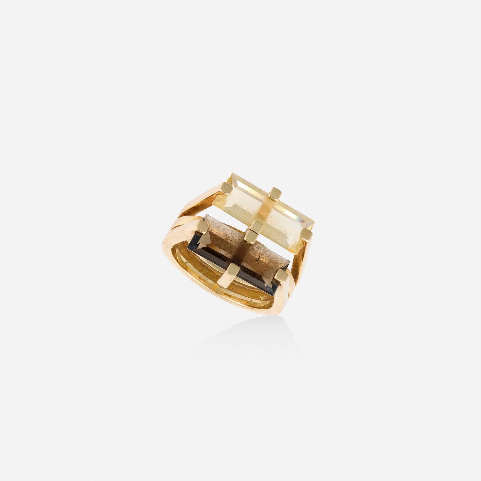 Jens Poul Asby for Christian Frederik Heise, Quartz and gold ring: Jens Poul Asby for Christian Frederik Heise Quartz and gold ring Set with rectangular-cut citrine and smoky quartz; 1970s 14k yellow gold Signed JA CFH Ring size 6.75; Gross weight 5.3 dwts