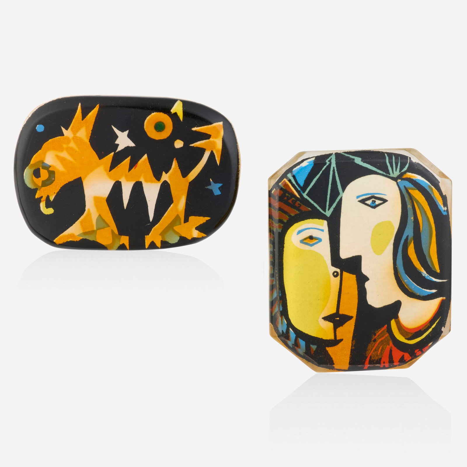 Armand Winfield, Two brooches: Armand Winfield Two brooches Artwork by Margaret Stark and David Vestal; 1945-1947 Silkscreens encased in acrylic, base metal Signed Winfield to each example 2.50 x 1.75 in and 2 x 2.50 in; Gross
