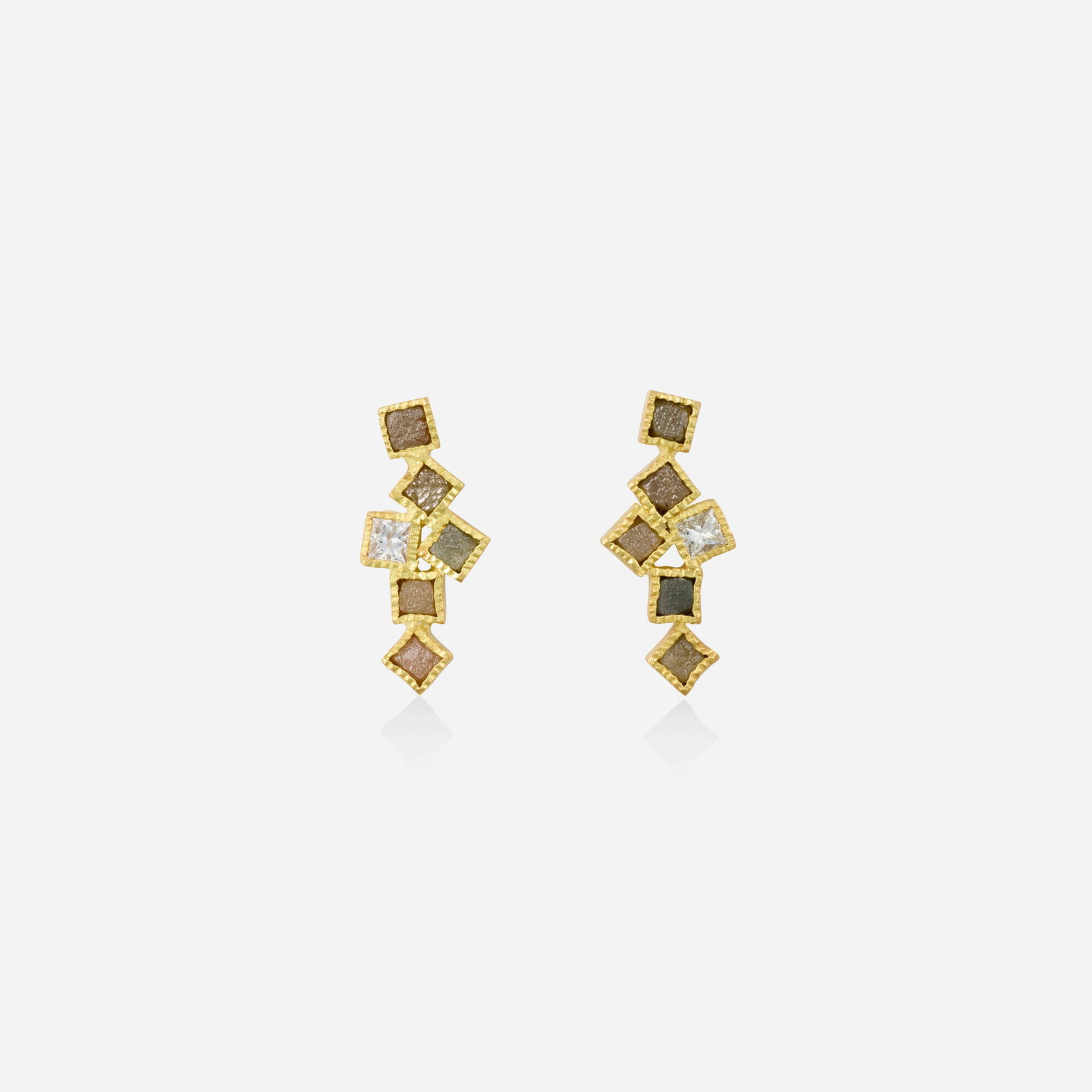 Todd Reed, Diamond and gold earrings: Todd Reed Diamond and gold earrings Each set with cascading rough diamond cubes and a princess-cut diamond 18k yellow gold Signed T. Reed 0.875 x 0.375 in; Gross weight 4.3 dwts Pro