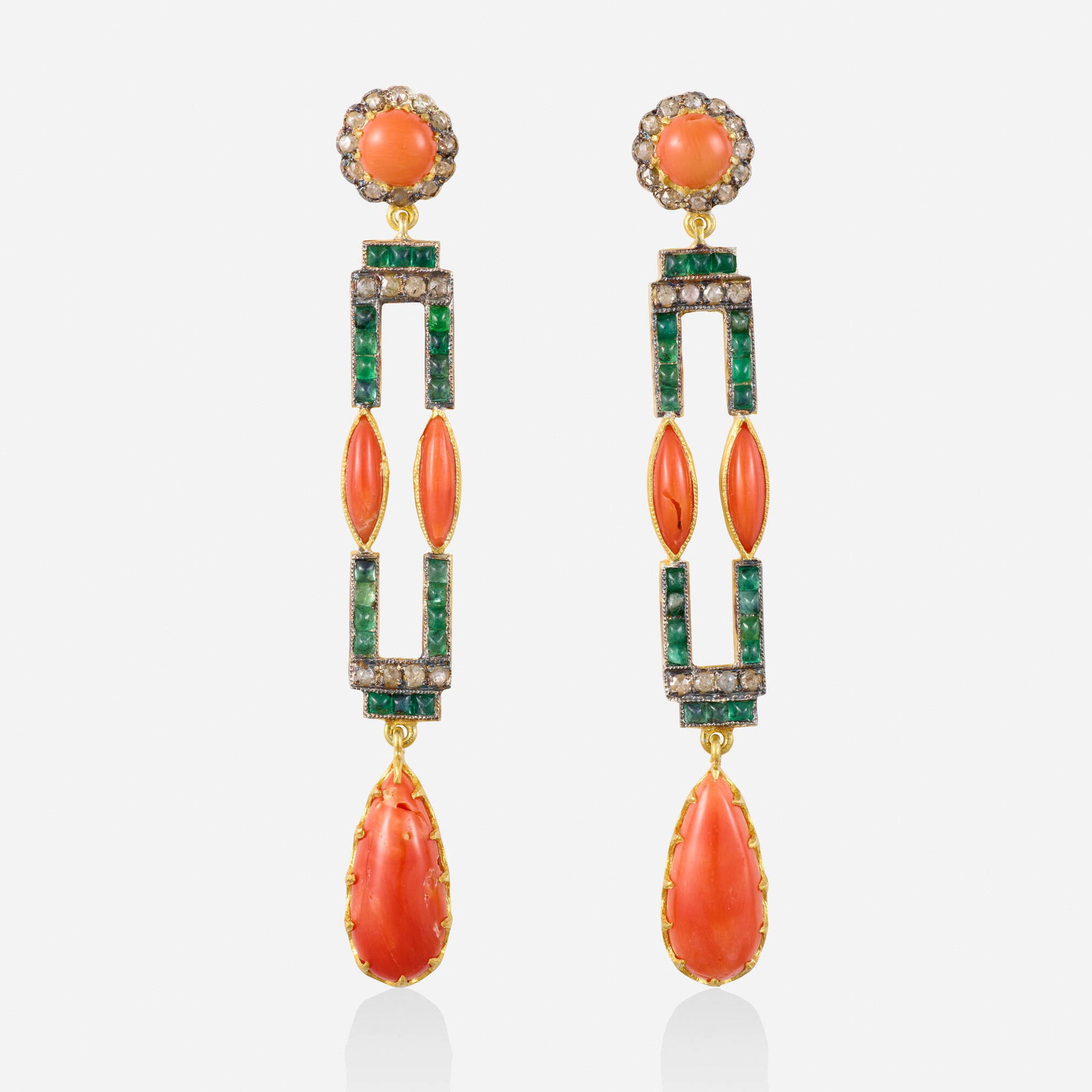 Multi-gem, diamond, and sterling silver gilt earrings: Multi-gem, diamond, and sterling silver gilt earrings Each set with rose-cut diamonds, cabochon coral and emeralds Sterling silver gilt, 14k yellow gold 2.625 x 0.375 in; Gross weight 6.1 dwts This wo