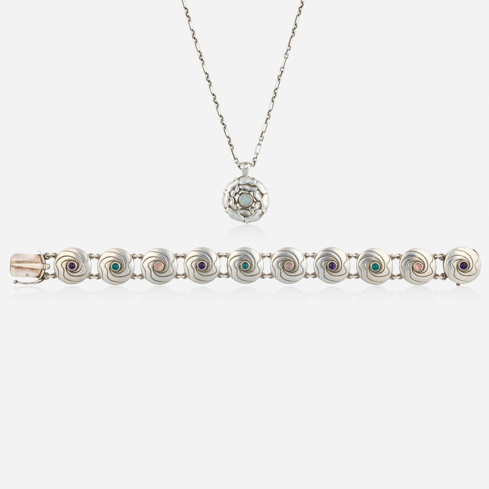 Georg Jensen, Multi-gem and sterling silver necklace and bracelet: Georg Jensen Multi-gem and sterling silver necklace and bracelet Comprising a necklace designed with a floral pendant, set with a cabochon opal suspended from a fine link chain, designed by Ole Kortza