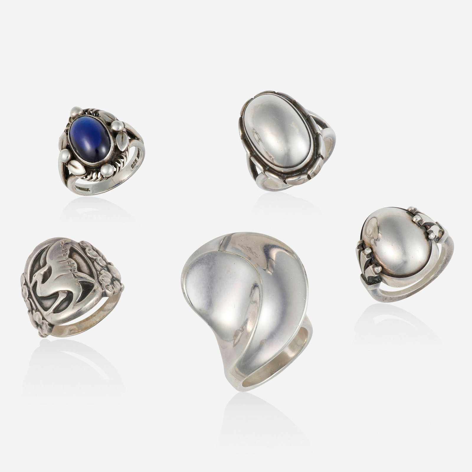 Georg Jensen, Group of sterling silver rings: Georg Jensen Group of sterling silver rings Lori Ulanova was one of the first female violinists in the Los Angeles Philharmonic Comprising five rings, one of foliate design with a bird, no. 23. 1933-1