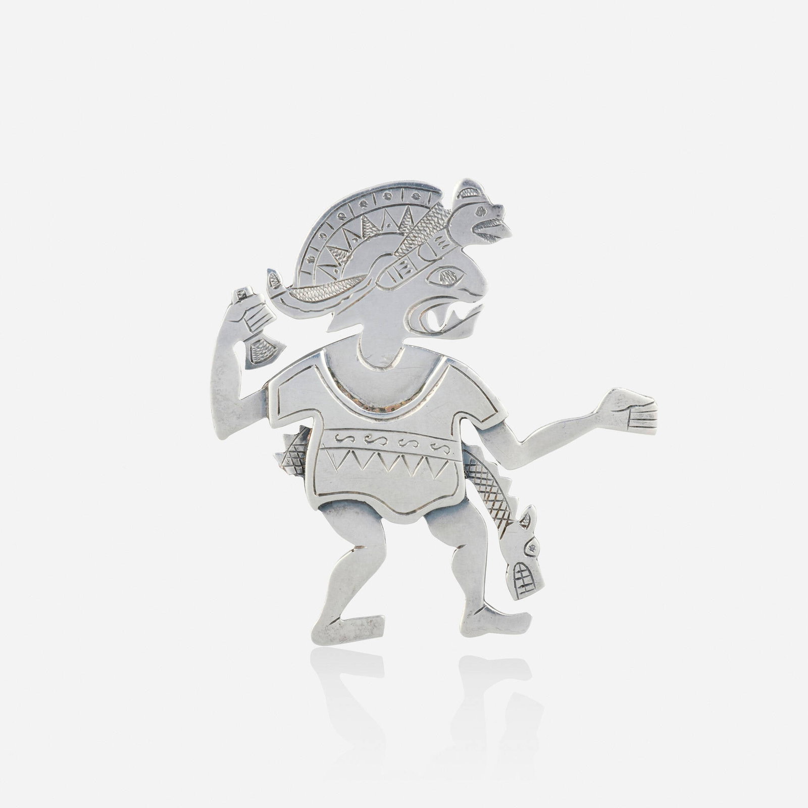 Graziella Laffi, Sterling silver brooch: Graziella Laffi Sterling silver brooch Of Pre-Columbian figural design Sterling silver Signed G. Laffi 2.375 x 2.25 in; Gross weight 11.1 dwts This work will ship from Lambertv