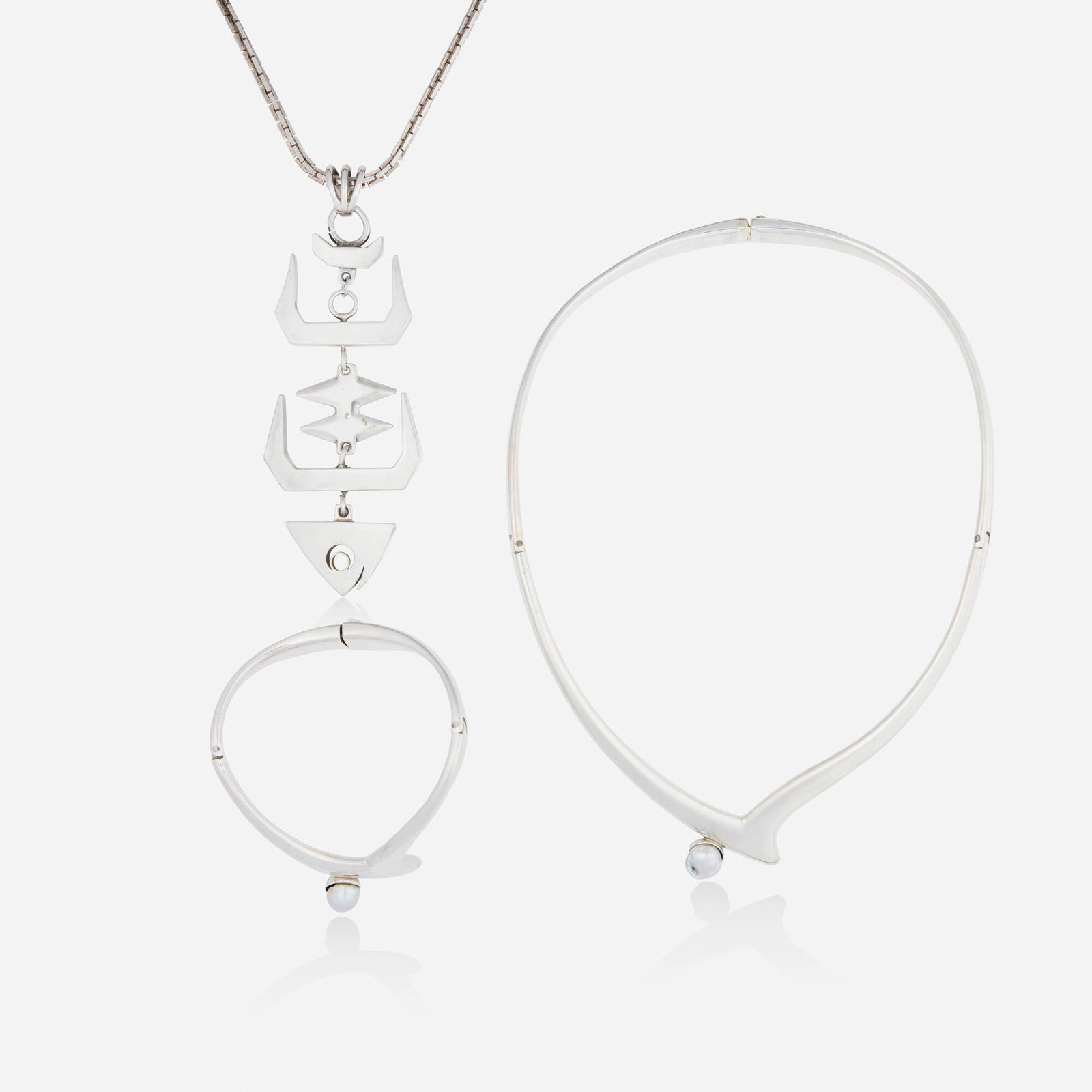 Mexican, Group of silver jewelry: Mexican Group of silver jewelry Comprising a hinged collar necklace and bangle set with with a cultured pearl by Sigi Pineda, no. 809; together with a fish skeleton pendant necklace Silver, plated bas