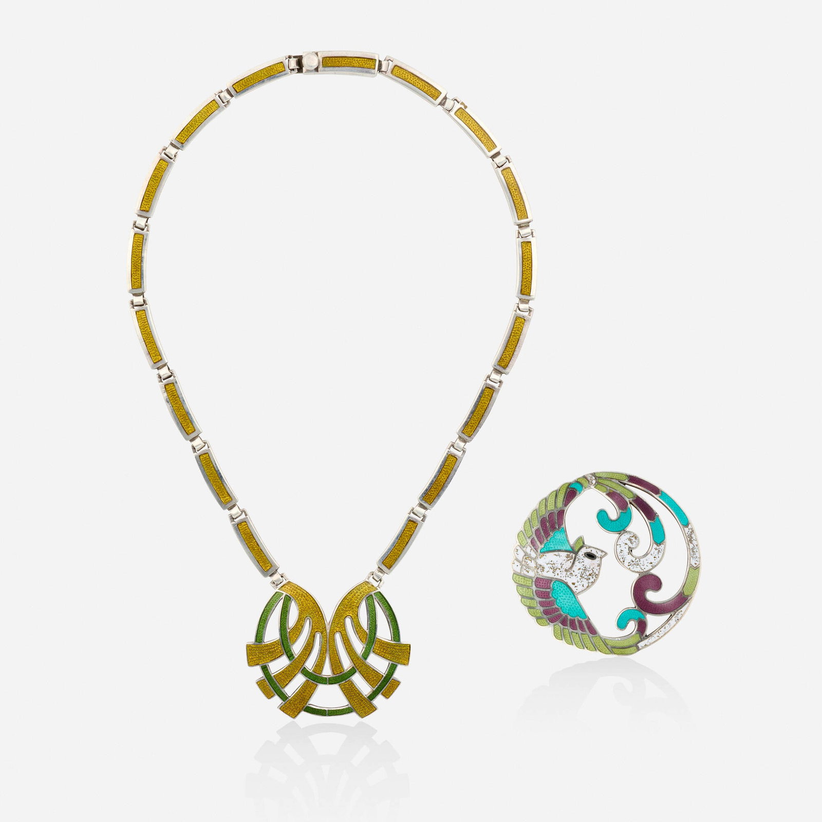 Margot Van Voorhies Carr (de Taxco), Enamel and sterling silver necklace and brooch: Margot Van Voorhies Carr (de Taxco) Enamel and sterling silver necklace and brooch Lori Ulanova was one of the first female violinists in the Los Angeles Philharmonic Comprising a necklace an open-for
