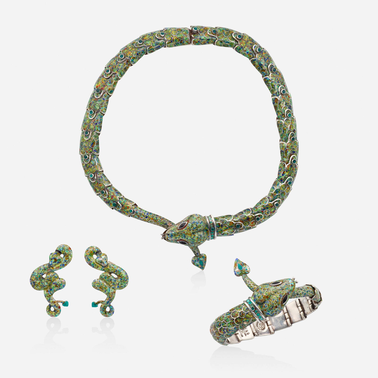 Margot Van Voorhies Carr (de Taxco), Group of sterling silver and enamel jewelry: Margot Van Voorhies Carr (de Taxco) Group of sterling silver and enamel jewelry Lori Ulanova was one of the first female violinists in the Los Angeles Philharmonic Comprising a necklace, bracelet, and