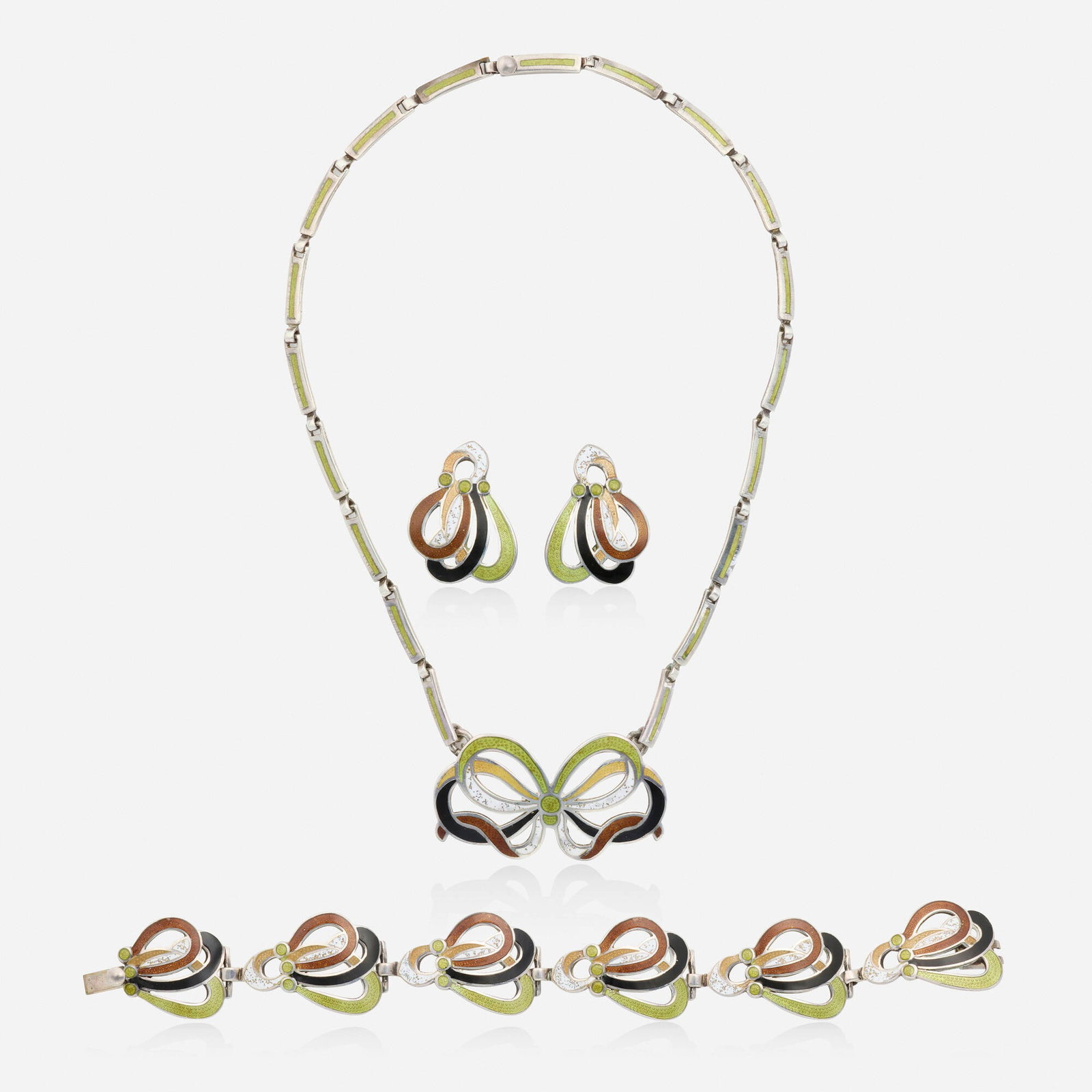 Margot Van Voorhies Carr (de Taxco), Group of enamel and sterling silver jewelry: Margot Van Voorhies Carr (de Taxco) Group of enamel and sterling silver jewelry Lori Ulanova was one of the first female violinists in the Los Angeles Philharmonic Comprising a necklace, bracelet, and