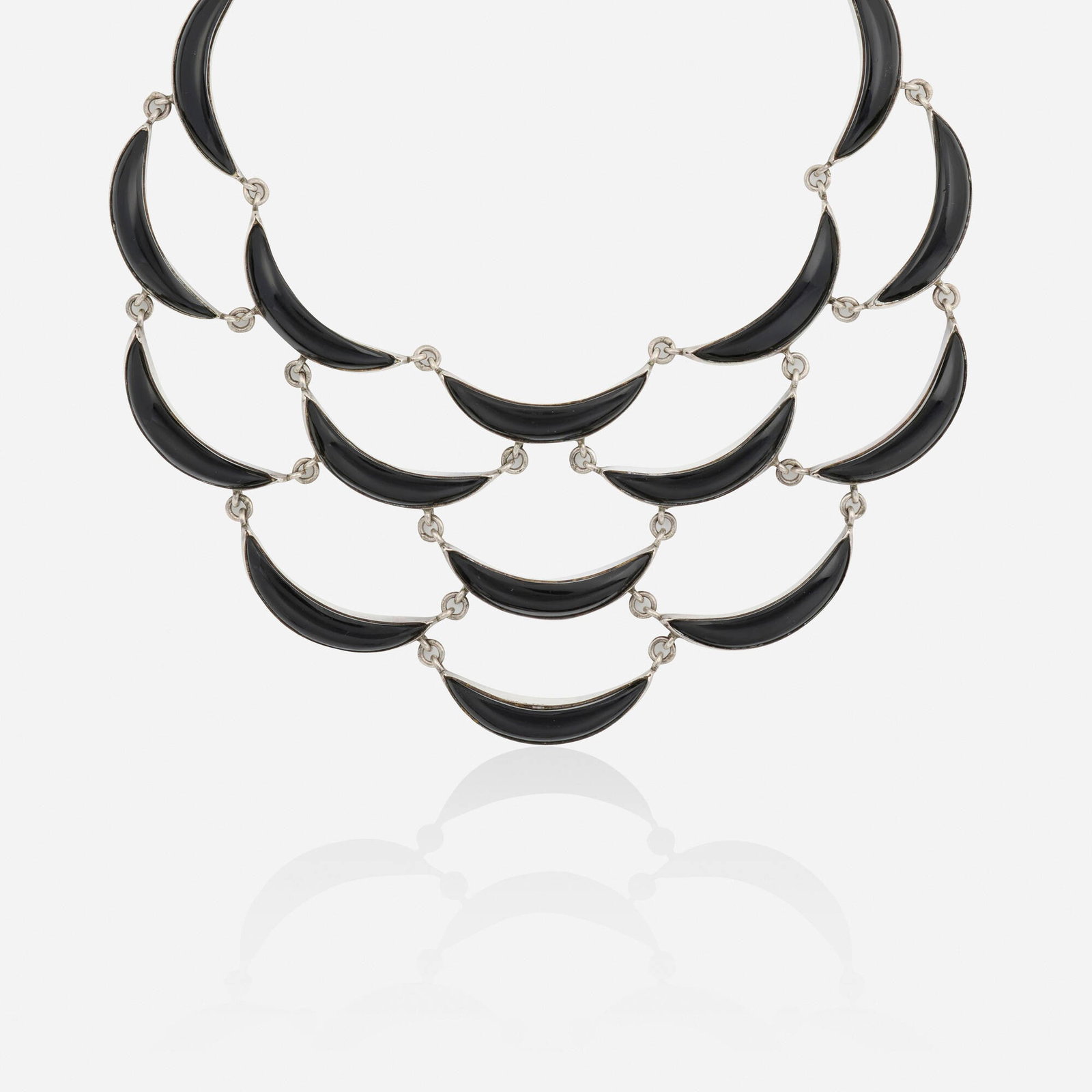Antonio Pineda and Don Filiberto Gomez, Black onyx and sterling silver necklace: Antonio Pineda and Don Filiberto Gomez Black onyx and sterling silver necklace Of scalloped design, set with cabochon black onyx Sterling silver Signed with maker's mark for Antonio Pineda and <