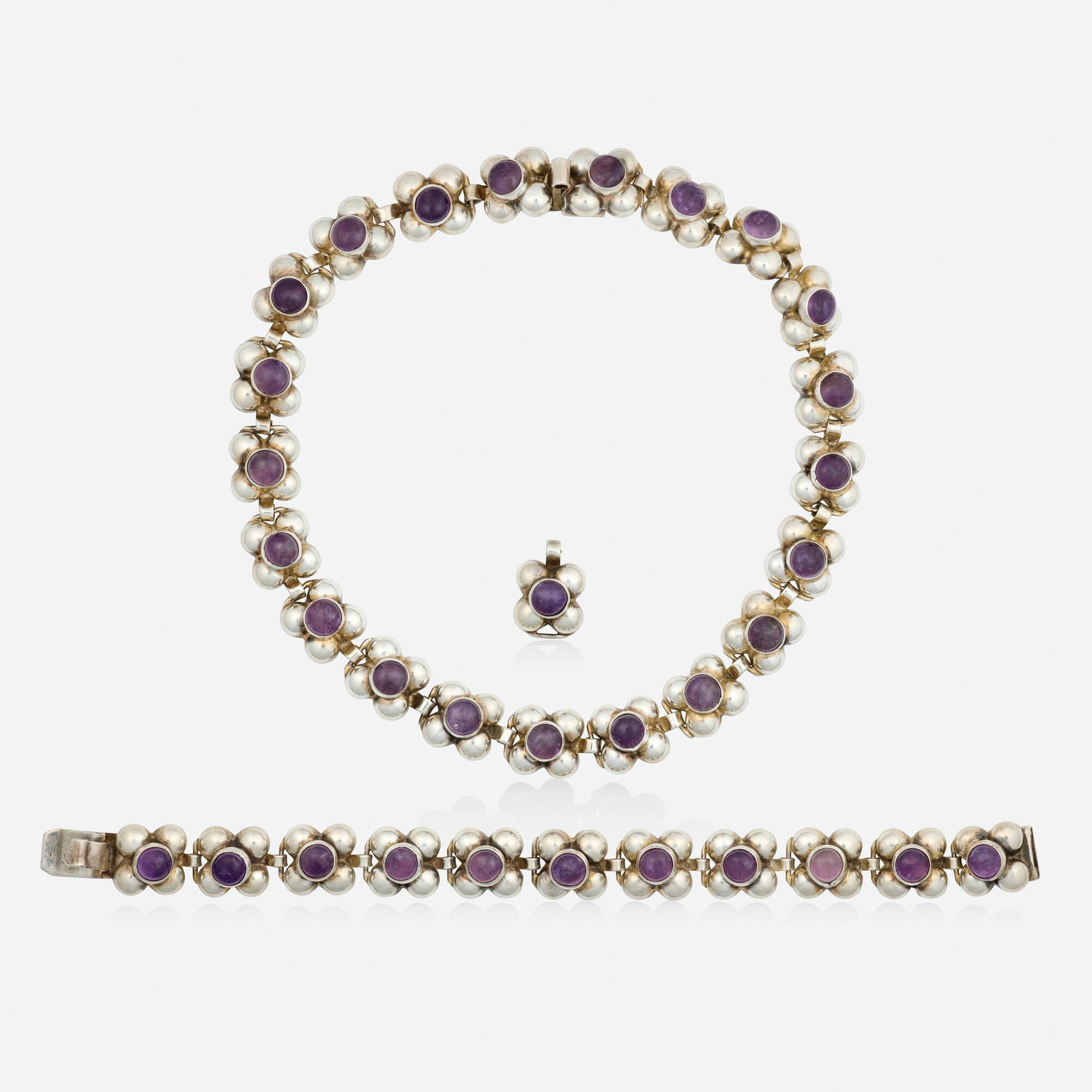 Mexican, Amethyst and sterling silver necklace and bracelet: Mexican Amethyst and sterling silver necklace and bracelet Each of beaded links, set with cabochon amethyst Sterling silver Necklace 14.50 in, bracelet 7.25 x 0.50 in, extra link 0.75 x 0.50 in; Gross