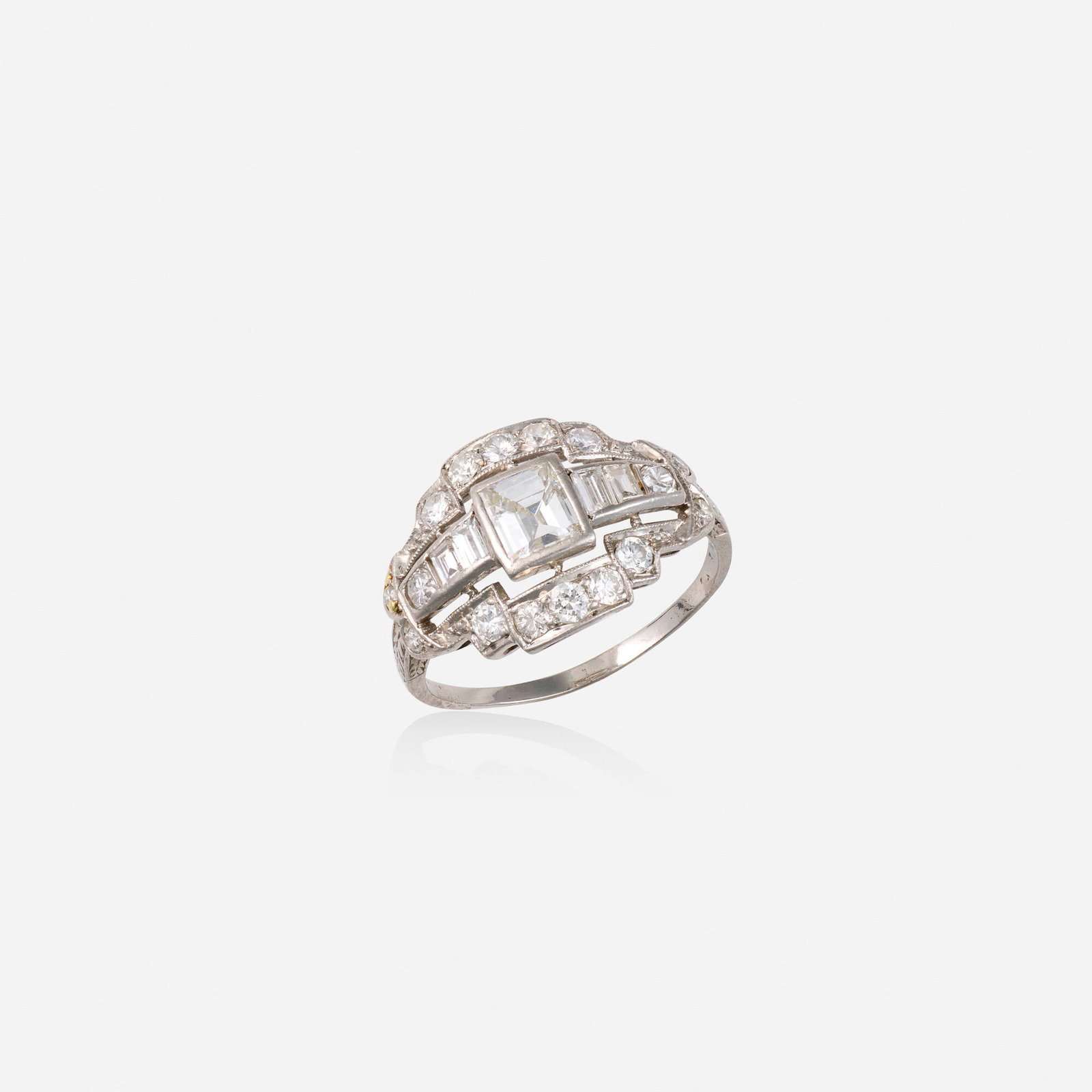 Art Deco, Diamond and platinum ring: Art Deco Diamond and platinum ring Set with baguette, round brilliant, and single-cut diamonds Platinum Ring size 7.25; Gross weight 2.3 dwts This work will ship from Lambertville, New Jer