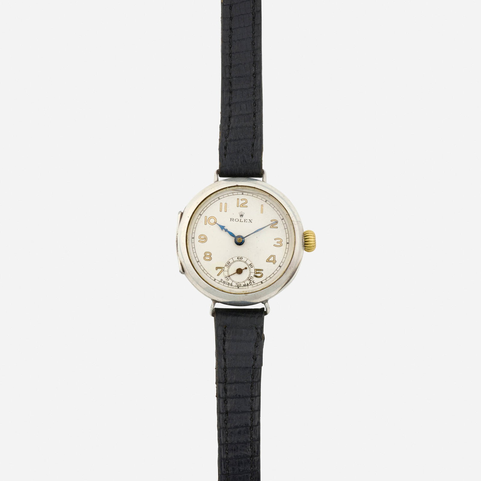 Rolex, Sterling silver wristwatch: Rolex Sterling silver wristwatch With Arabic hours and sub-dial Date: 1913 Dial: Silvered Movement: Manul wind Case material: Sterling