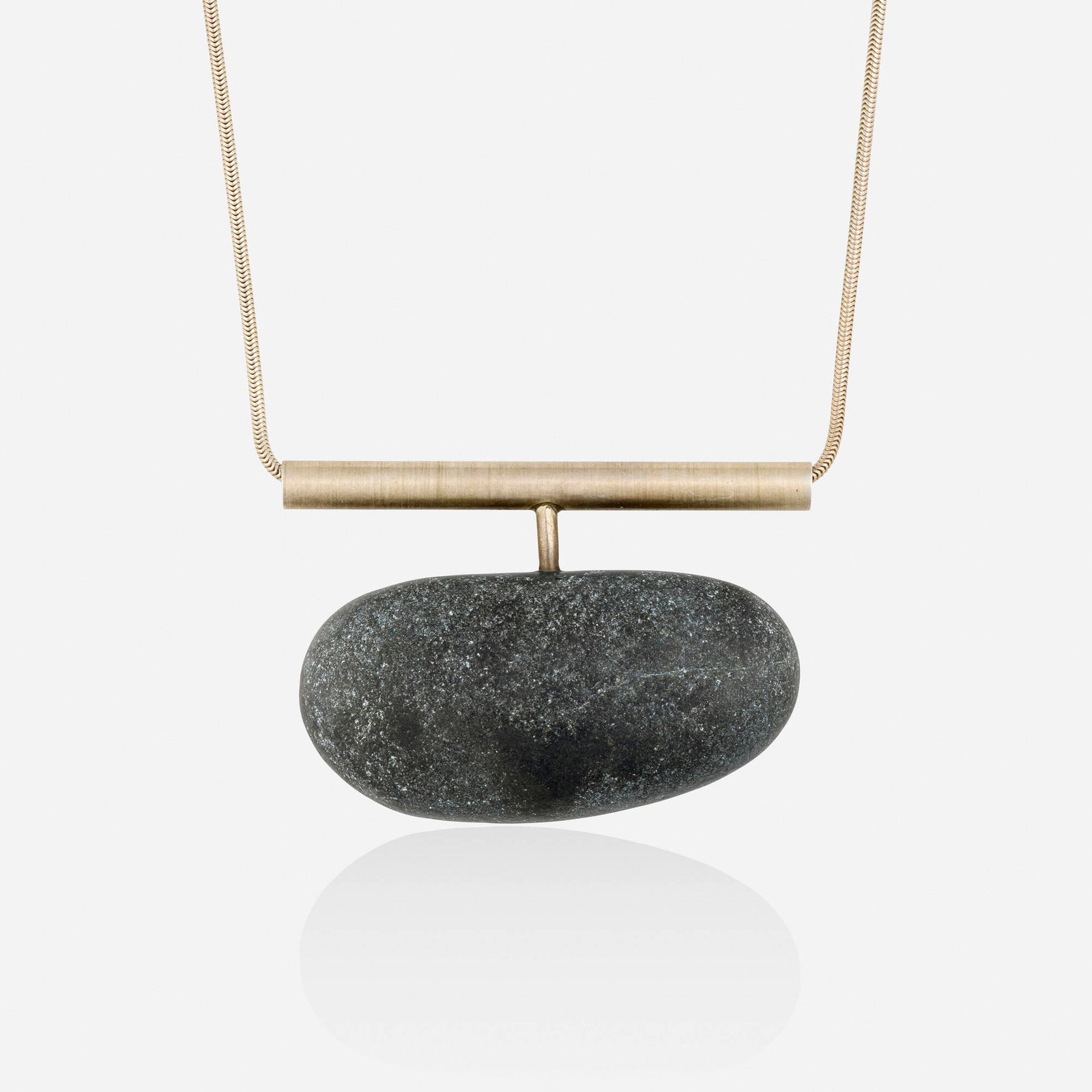 River stone and silver necklace: River stone and silver necklace The pendant set with a tumbled river stone, suspended from the long snake chain Silver Necklace 31 in, pendant 2.50 x 1.675 in; Gross weight 47.8 dwts This work will sh
