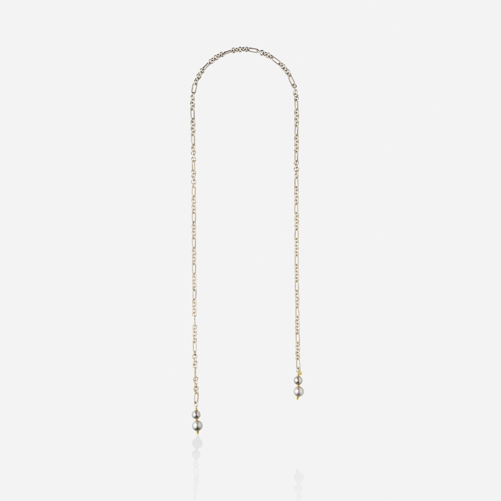 David Yurman, Cultured pearl, sterling silver, and gold necklace: David Yurman Cultured pearl, sterling silver, and gold necklace Of roped links, suspending grey cultured pearl drops Sterling silver, 18k yellow gold Signed D.Y. 41 in; Gross weight 68.3 dwts