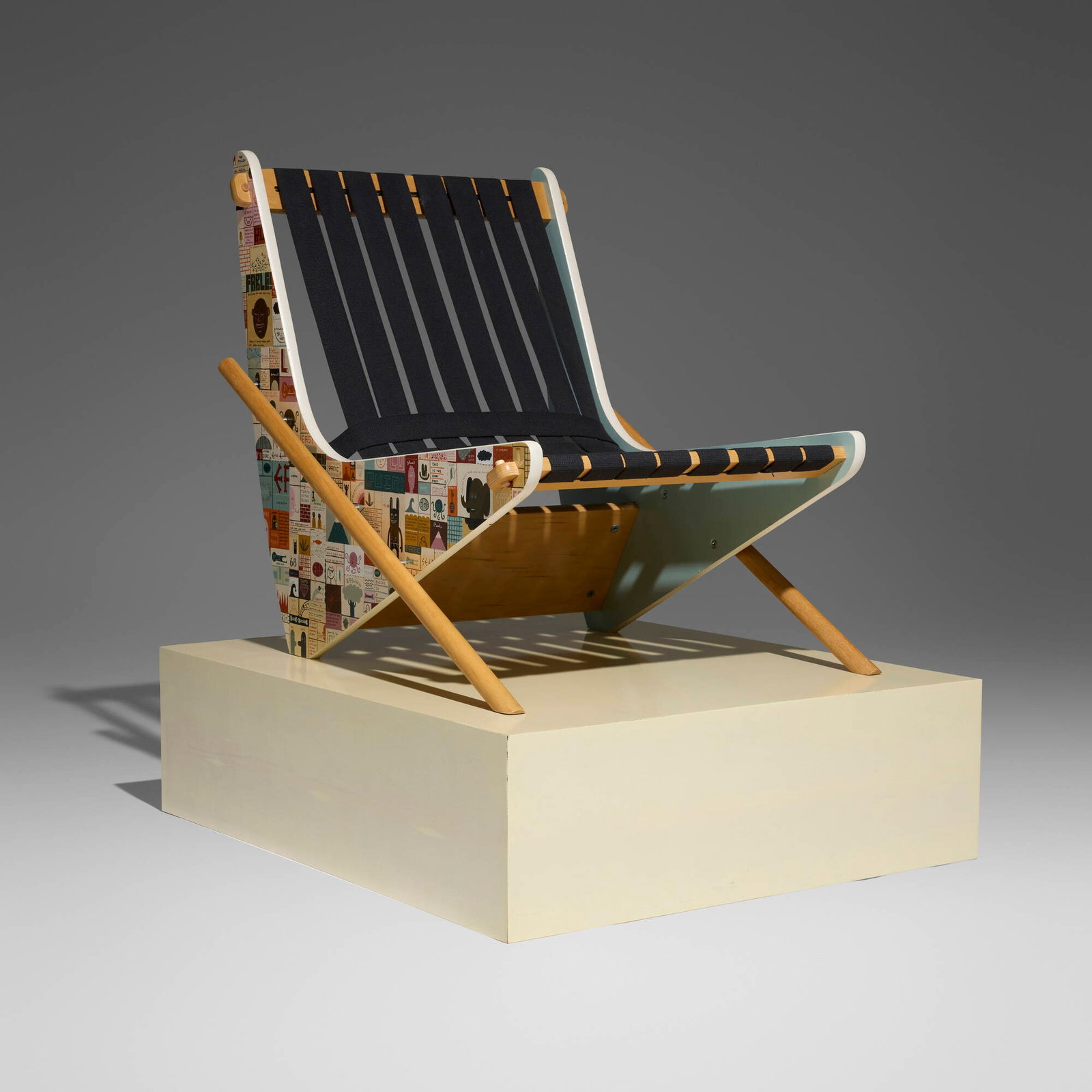 Jim Houser, Neutra Boomerang Chair: Jim Houser Neutra Boomerang Chair 2002 hand-painted wood, maple, canvas webbing 29.75 h x 25.5 w x 32 d in (76 x 65 x 81 cm) Metal studio label to leg 'Neutra Boomerang Chair by House Indu