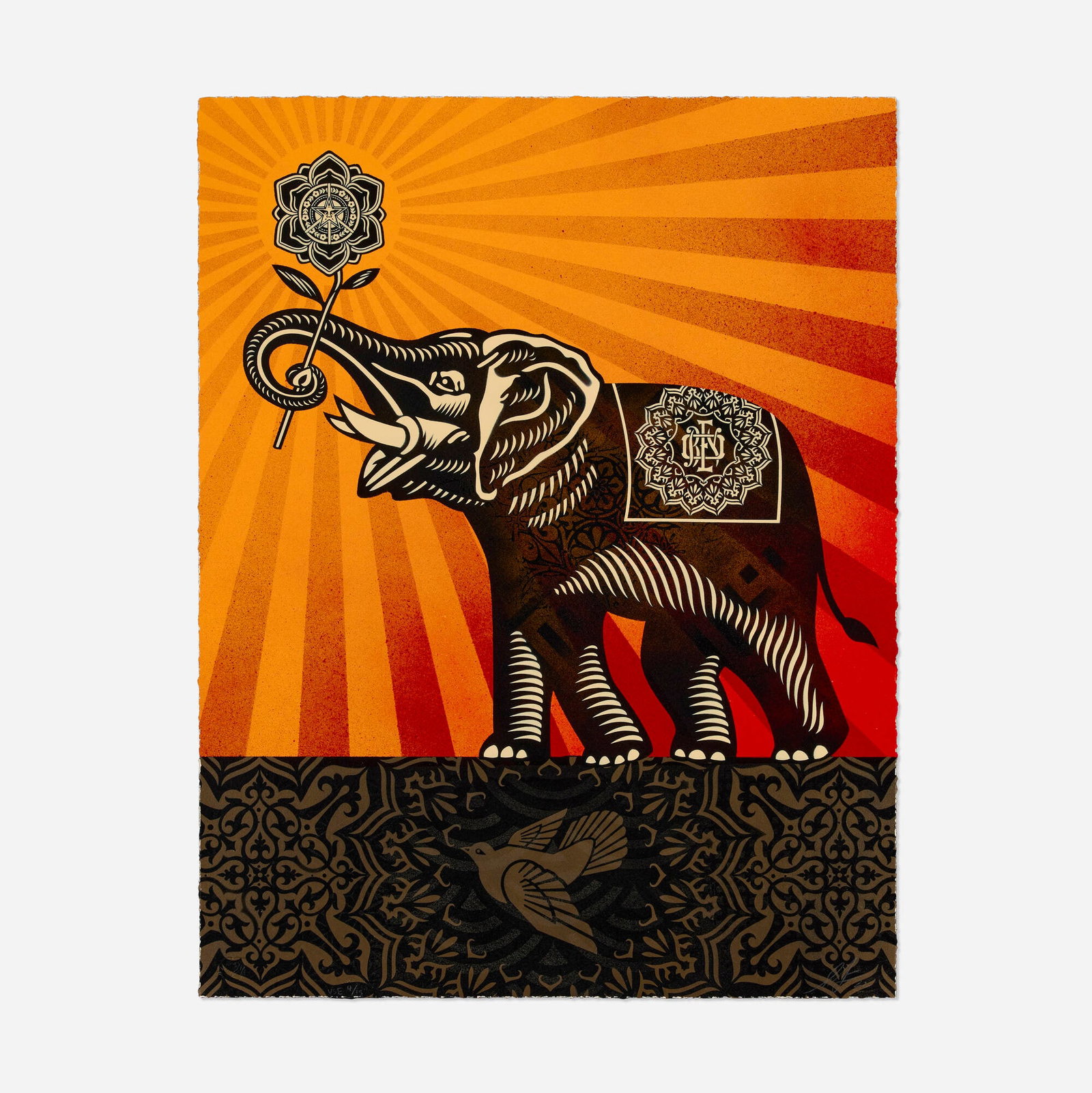 Shepard Fairey, Peace Elephant VSE OG Colorway: Shepard Fairey Peace Elephant VSE OG Colorway 2022 HMP stencil painting on paper 26.375 h x 20.5 w in (67 x 52 cm) Signed, dated, and numbered to lower edge 'VSE 4/15 SF 22'. This work is