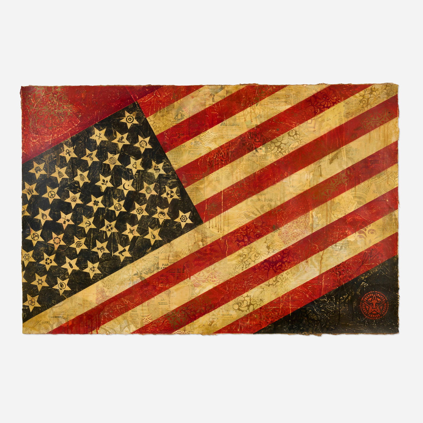 Shepard Fairey, Flag 1: Shepard Fairey Flag 1 2010 hand-painted multiple with acrylic, screenprint and mixed media collage on paper 29 h x 44 w in (74 x 112 cm) Signed, dated, and numbered to lower edge '10/12 HPM