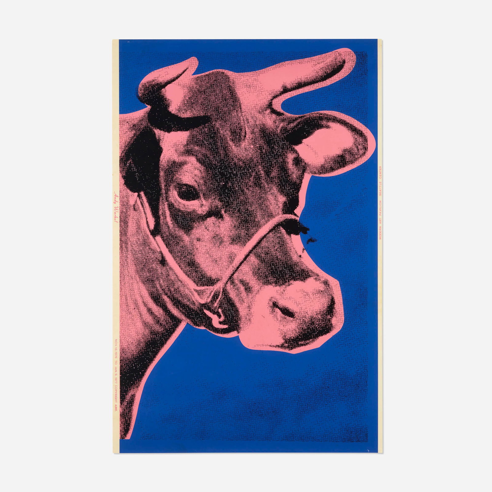 Andy Warhol, Cow: Andy Warhol Cow 1976 screenprint in colors on wallpaper 45.125 h x 29.5 w in (115 x 75 cm) This work is from the unlimited edition printed by Bill Miller's Wallpaper Studio, Inc., New York