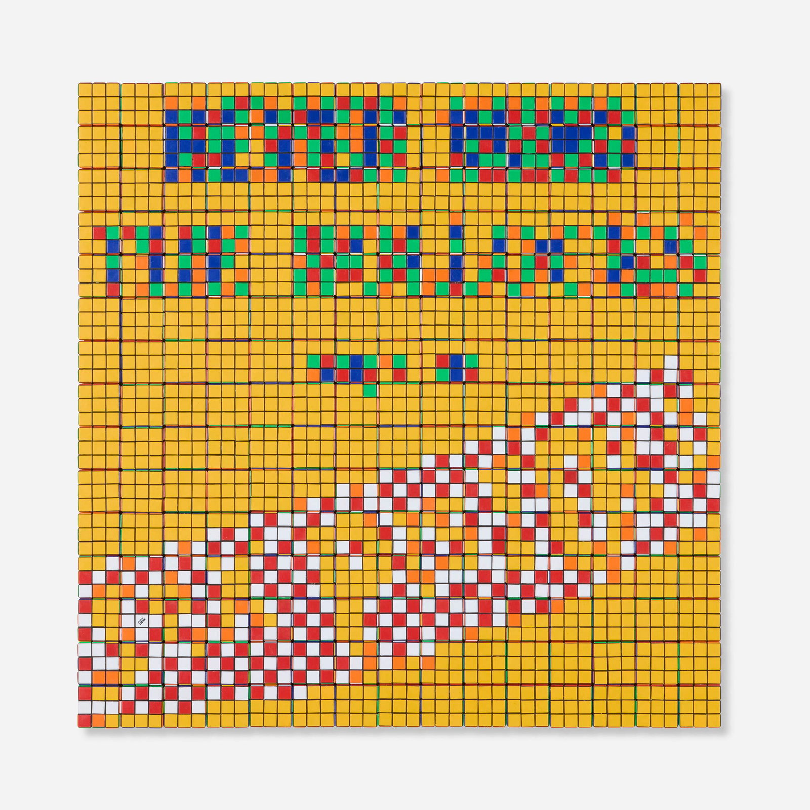 Invader, Rubik Never Mind (the Bullocks): Invader Rubik Never Mind (the Bullocks) 2009 225 Rubik's Cubes on Perspex panel 33 h x 33 w x 2.375 d in (84 x 84 x 6 cm) This work, featuring a design based on an album by The Sex Pistols, is part
