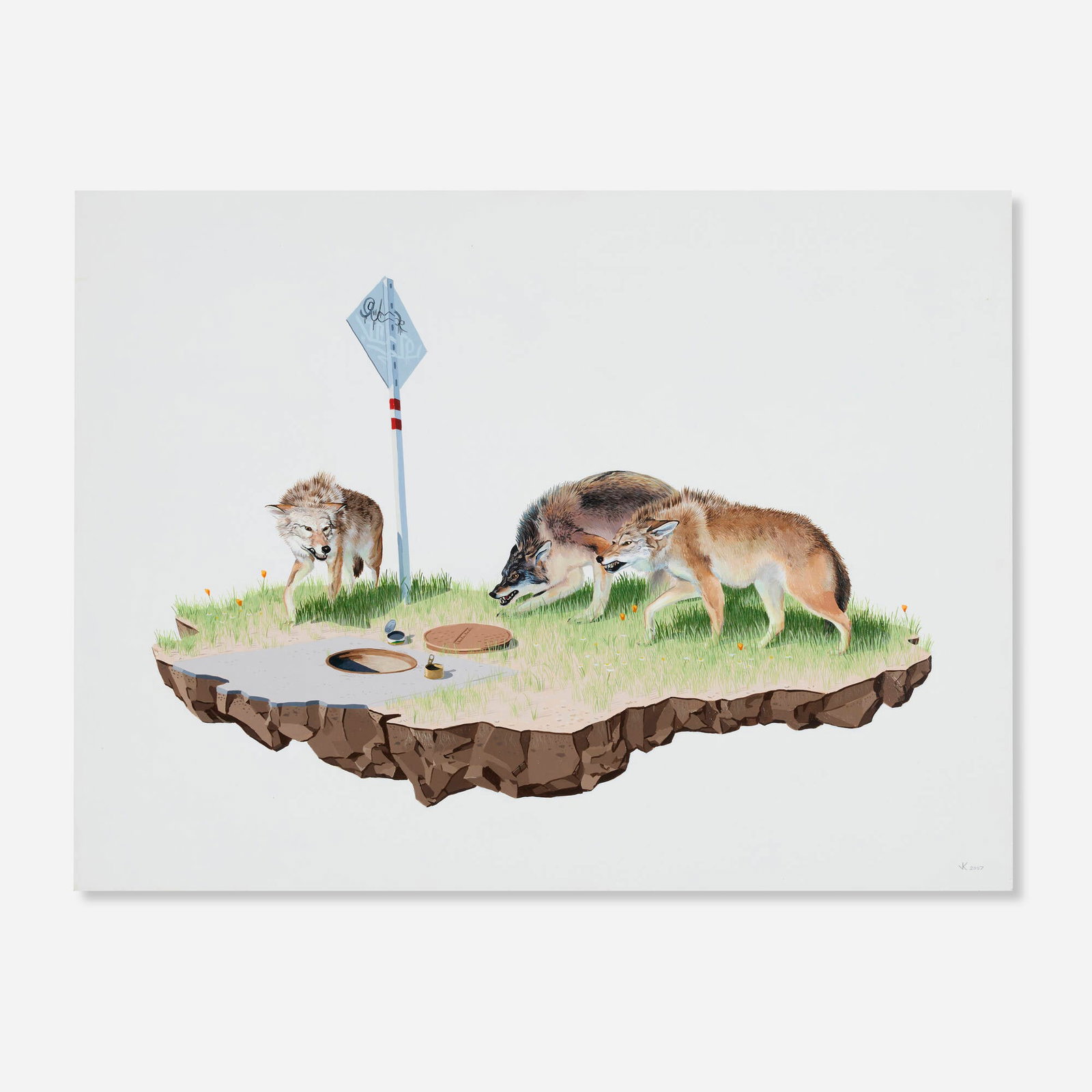 Josh Keyes, Hiding: Josh Keyes Hiding 2007 acrylic on wood panel 18 h x 24 w in (46 x 61 cm) Signed and dated to lower right 'JK 2007'. Signed, titled and dated to verso 'Hiding Josh Keyes 2007'
