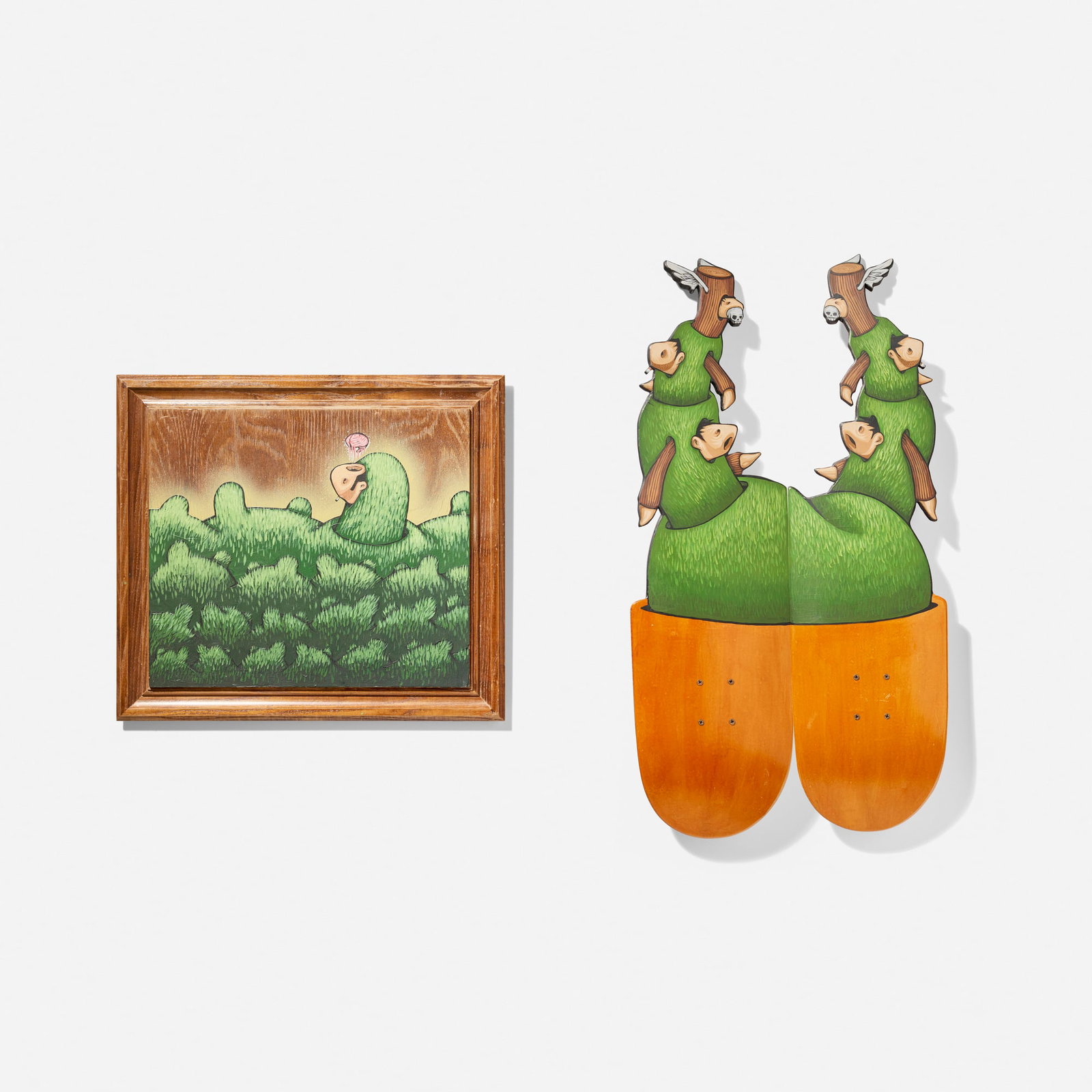 Jeremy Fish, Untitled (two works): Jeremy Fish Untitled (two works) 2004 oil on two laser-cut skateboard decks; oil on found wood panel deck (each): 32 h x 8.5 w x 2.5 d in (81 x 22 x 6 cm) painting: 19 h x 21.5 w in (48 x 55 cm)