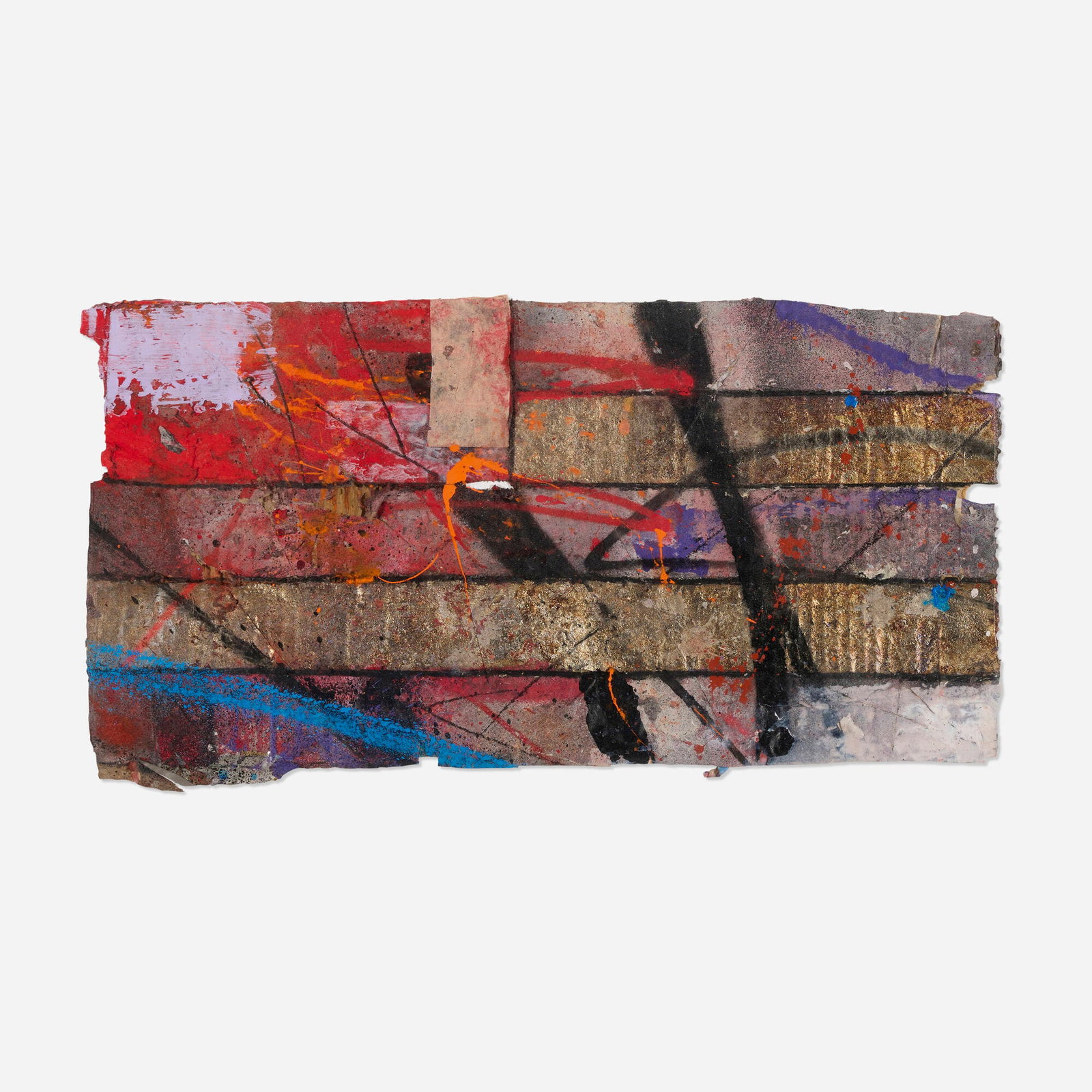 Saber, Beautiful Outbreak Ephemera 2 (RED): Saber Beautiful Outbreak Ephemera 2 (RED) mixed media with gold leaf on cardboard 9.325 h x 17.625 w in (24 x 45 cm) Provenance: Known Gallery, Los Angeles | Private Collection