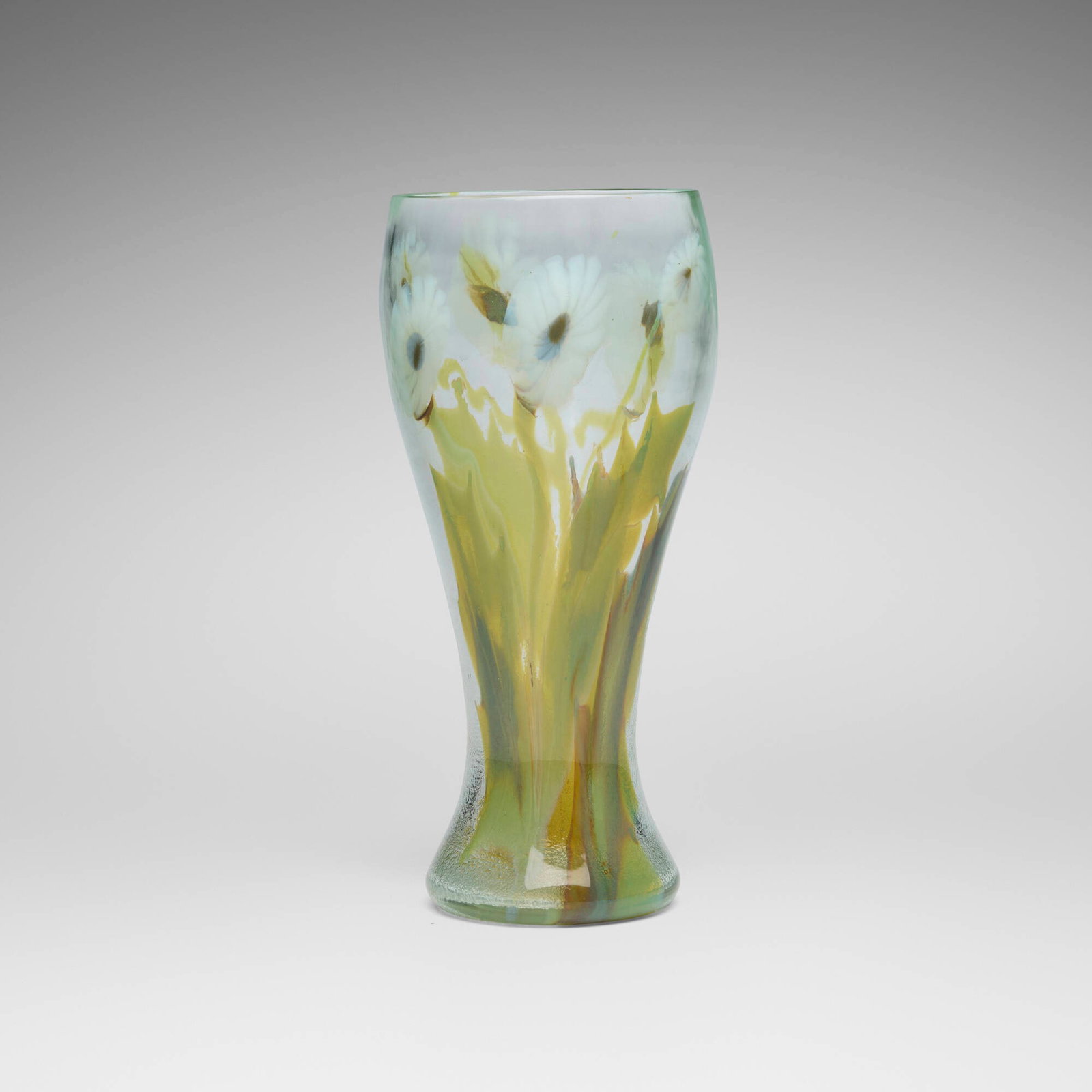 Tiffany Studios, Paperweight vase with daisies: Tiffany Studios Paperweight vase with daisies USA, c. 1911-1912 hand-blown Favrile glass 8.625 h x 4 dia in (22 x 10 cm) Etched to underside '2987G L.C. Tiffany - Favrile'. This work will