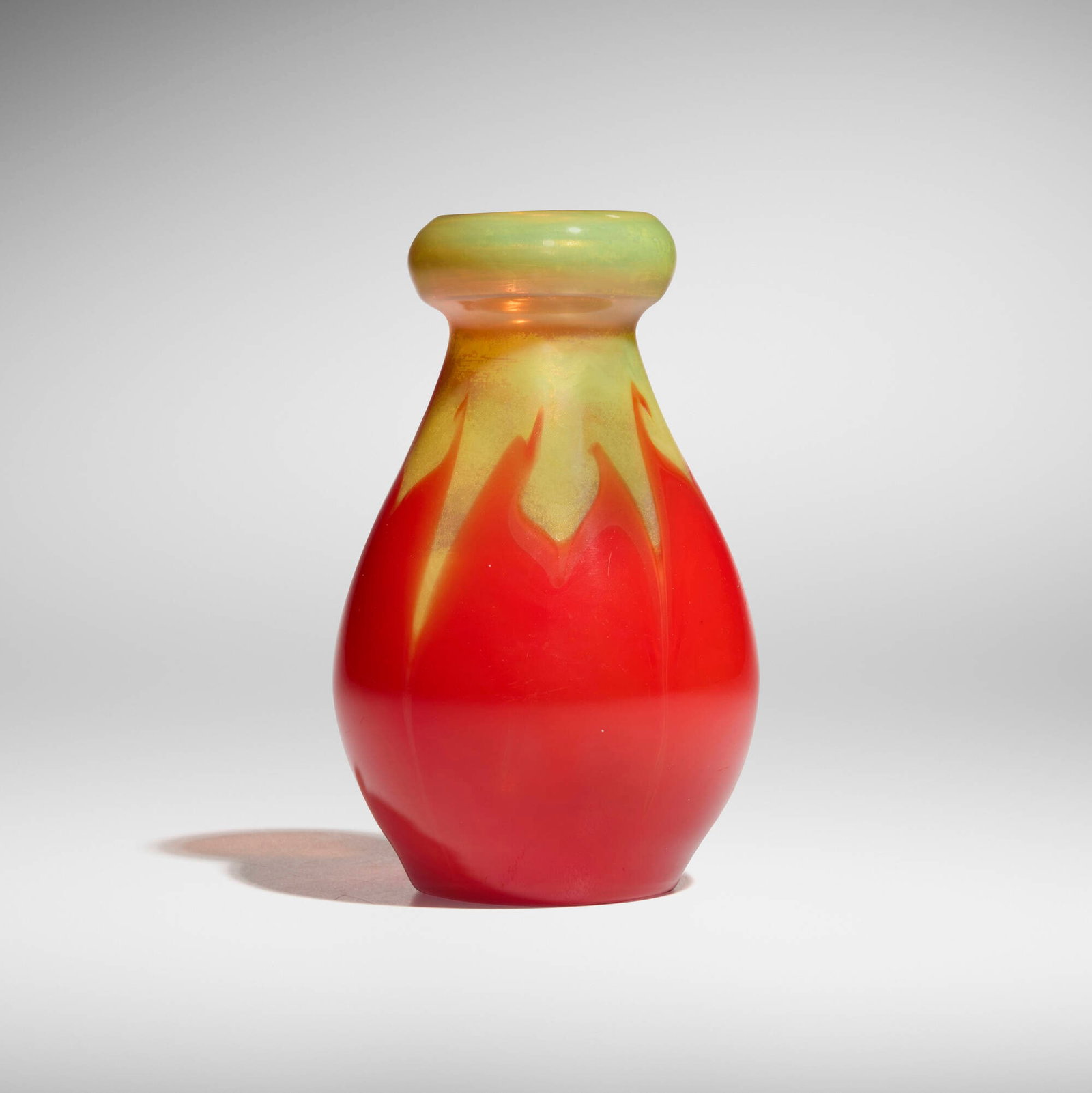 Tiffany Studios, Decorated vase: Tiffany Studios Decorated vase USA, c. 1915 hand-blown Favrile glass 5.5 h x 3.375 dia in (14 x 9 cm) Etched to underside '9924L L.C. Tiffany Favrile'. This work will ship from