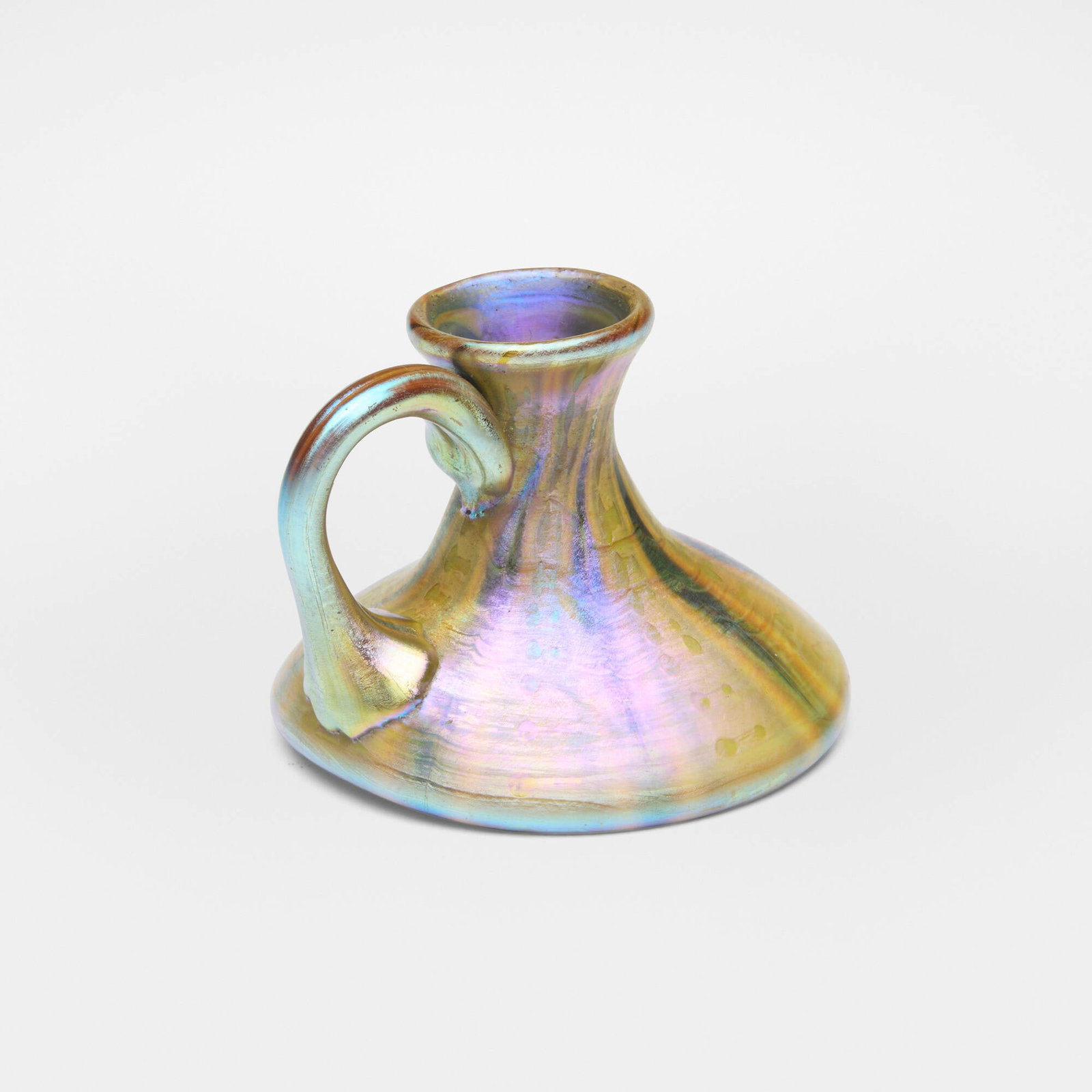 Tiffany Studios, Miniature Agate vase: Tiffany Studios Miniature Agate vase USA, c. 1898-1900 hand-blown Favrile glass 1.75 h x 2.5 w x 2 d in (4 x 6 x 5 cm) Vase features one handle. Etched to underside 'L.C.T. K1787'. This