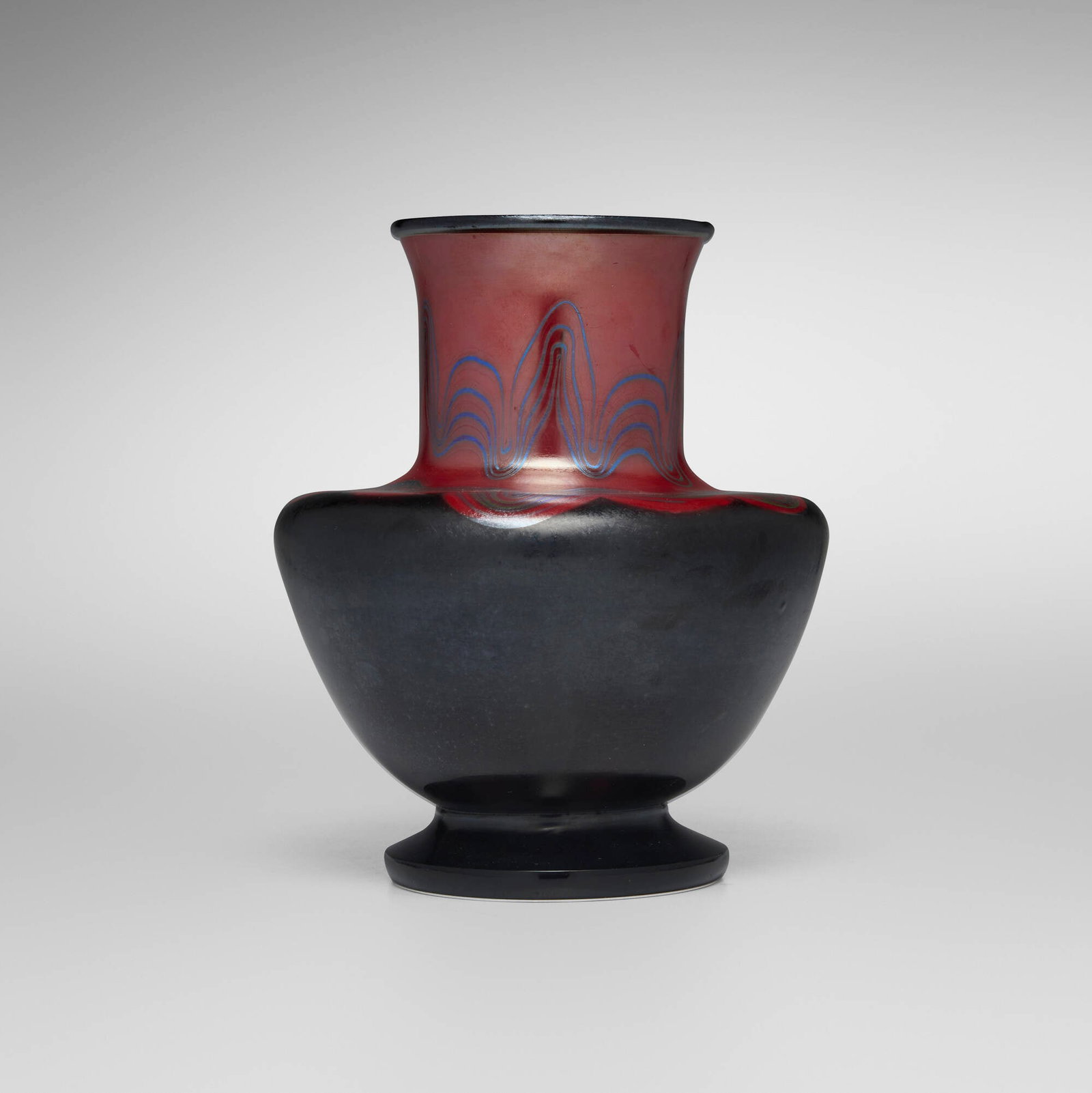 Tiffany Studios, Decorated vase: Tiffany Studios Decorated vase USA, c. 1914-1915 hand-blown Favrile glass 6.5 h x 5.25 dia in (17 x 13 cm) Etched to underside '9650M L.C. Tiffany Inc. Favrile'. This work will ship from